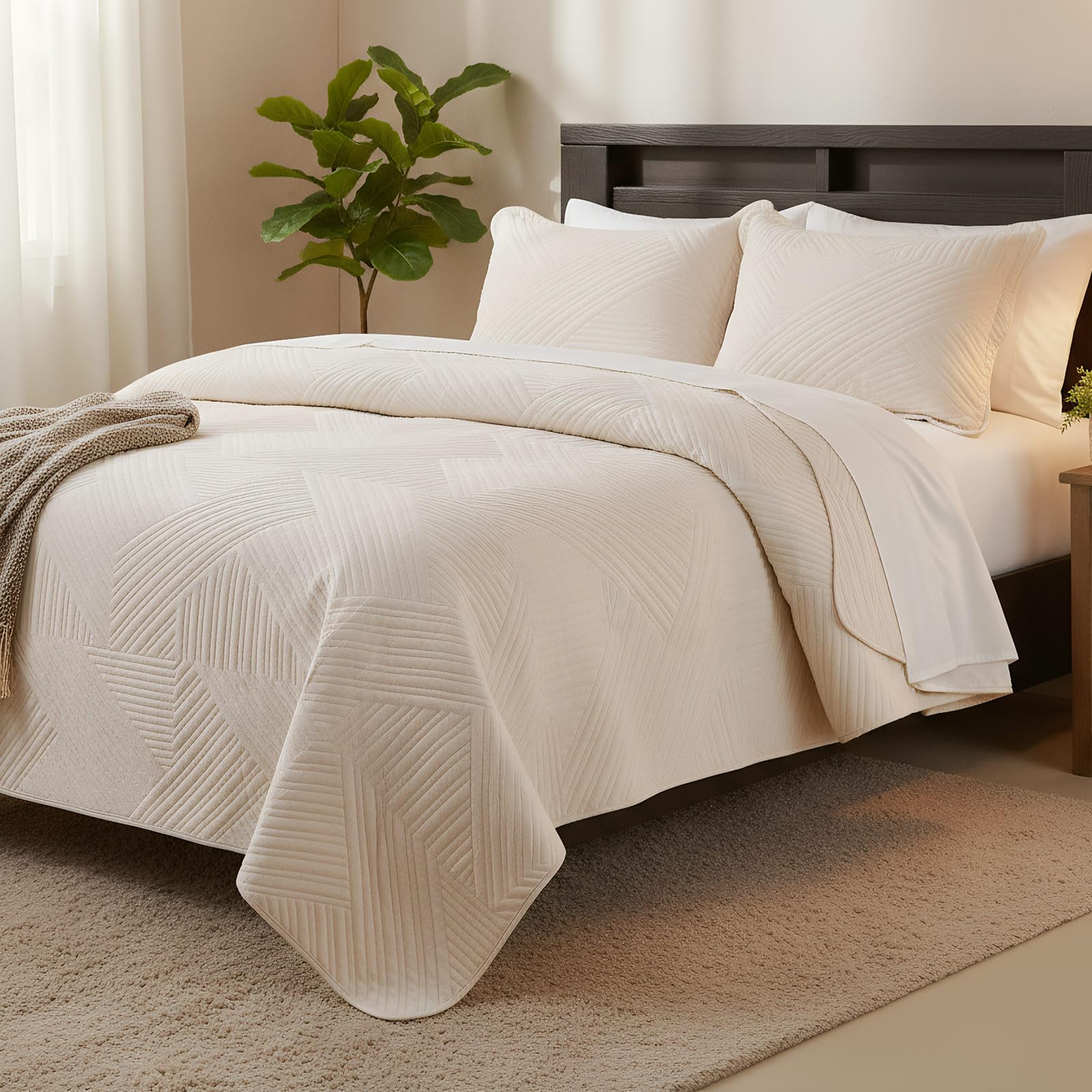 Quilt Bedspread 3 Piece Set: All Season Ultra-Soft Microfiber Cozy Quilted Bedspread Oversized 220 x 240 cm Bedding Coverlets with 2 Pillow Sham 50 x 70 cm for Sofa Couch (Cream White-C)