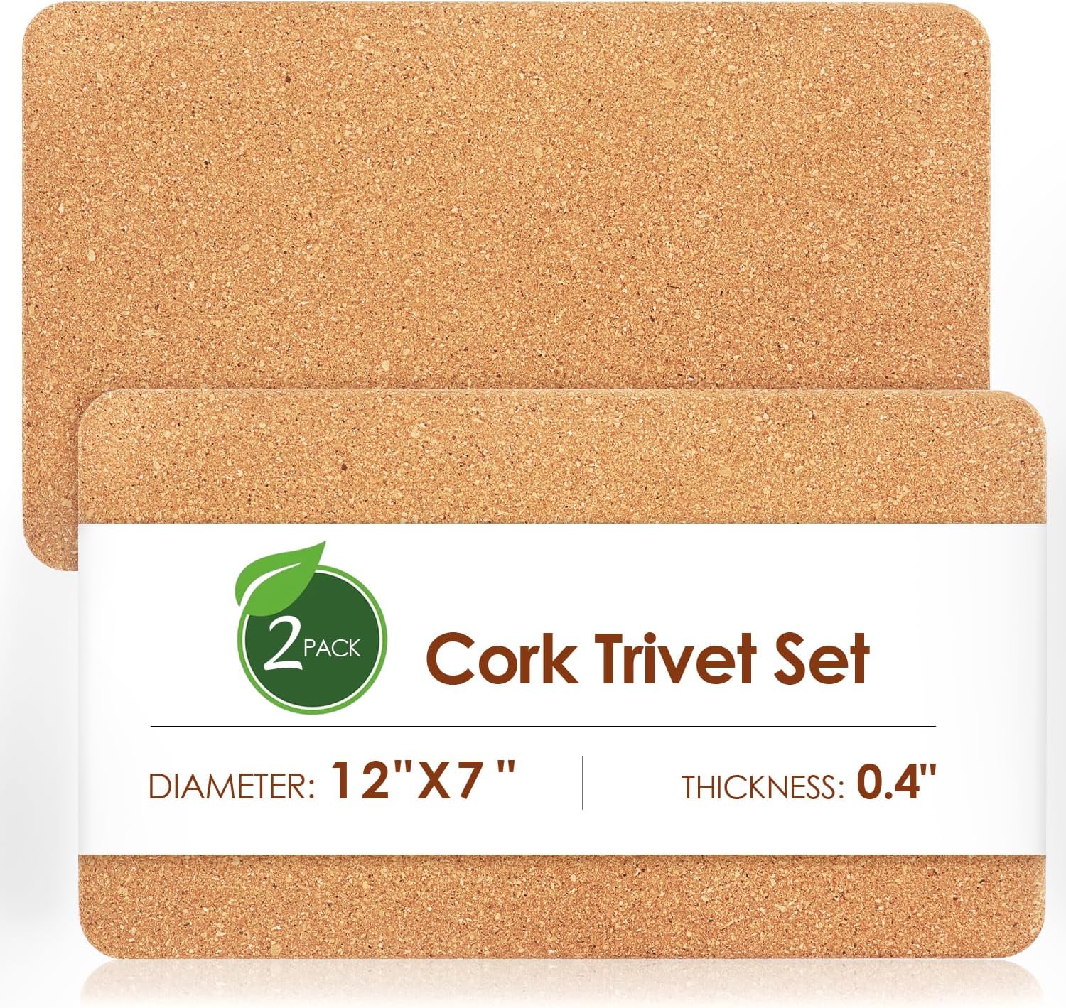 Rectangle Cork Trivets for Hot Dishes, 12" x 7" High-Density Thick Placemats for Pots and Pans, Heat Resistant Hot Pads for Kitchen Countertop Table, 2 Pcs