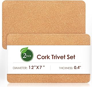 Rectangle Cork Trivets for Hot Dishes, 12" x 7" High-Density Thick Placemats for Pots and Pans, Heat Resistant Hot Pads for Kitchen Countertop Table, 2 Pcs
