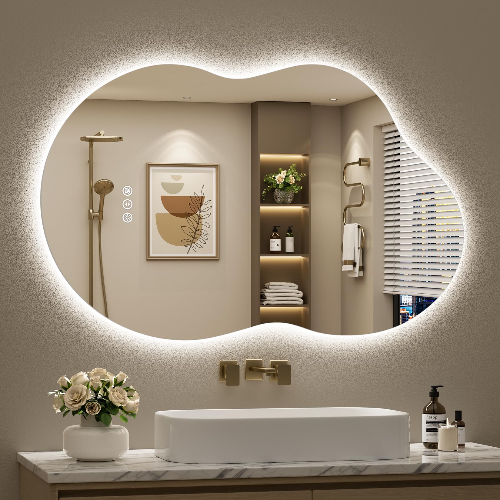 24x36 Inch Asymmetrical LED Bathroom Mirror with Lights, Backlit, Anti-Fog, Irregular Cloud Lighted Bathroom Vanity Mirror for Wall, Dimmable, 3 Colors, Memory, HD Tempered Glass