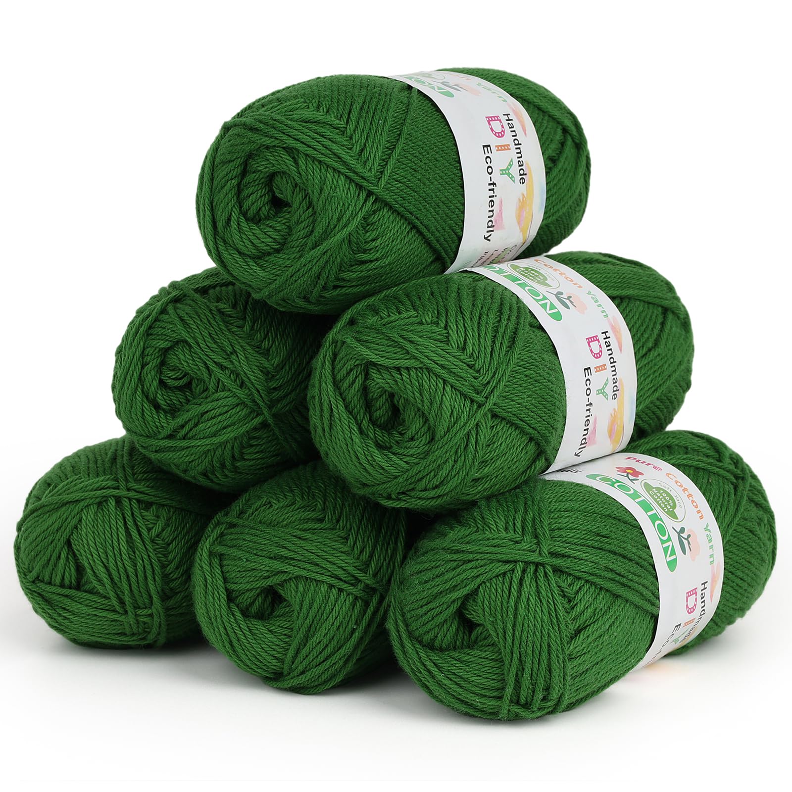 Coopay Wolle zum Häkeln, 100% Baumwolle zum Stricken, 6 x 50g Weiches Häkelgarn Baumwolle zum Häkeln, Babywolle Baumwolle für Pullover, Socken, Babydecke - Dunkelgrün