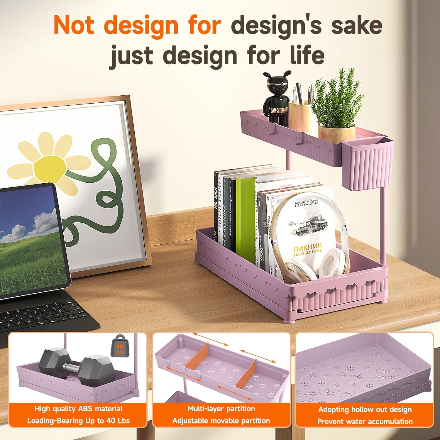 3 Pack Multi-Purpose Under Sink Organizers and Storage, 2026 L-Shaped Pull Out Cabinet Organizer for Bathroom & Kitchen, Under Cabinet Organizer with Hooks Hanging Cup, Pink - Image 5