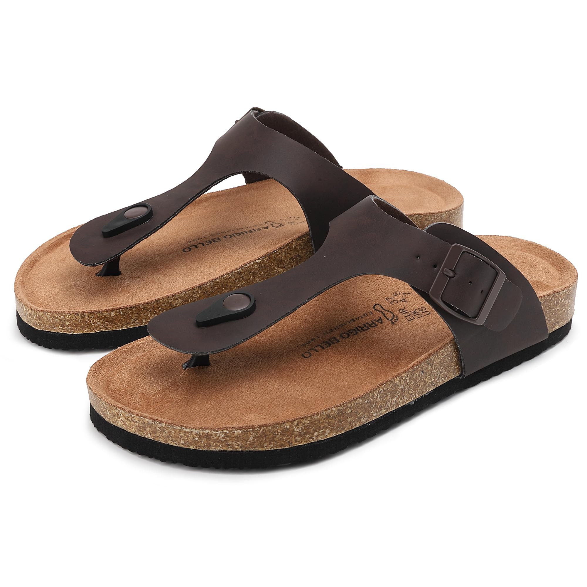 ARRIGO BELLO Herren Damen Zehentrenner Pantoletten Natur Kork Leder Flip Flops Leicht Rutschfest Sommer Slip On Flach Sandalen Verstellbare Schnalle EU 36-46