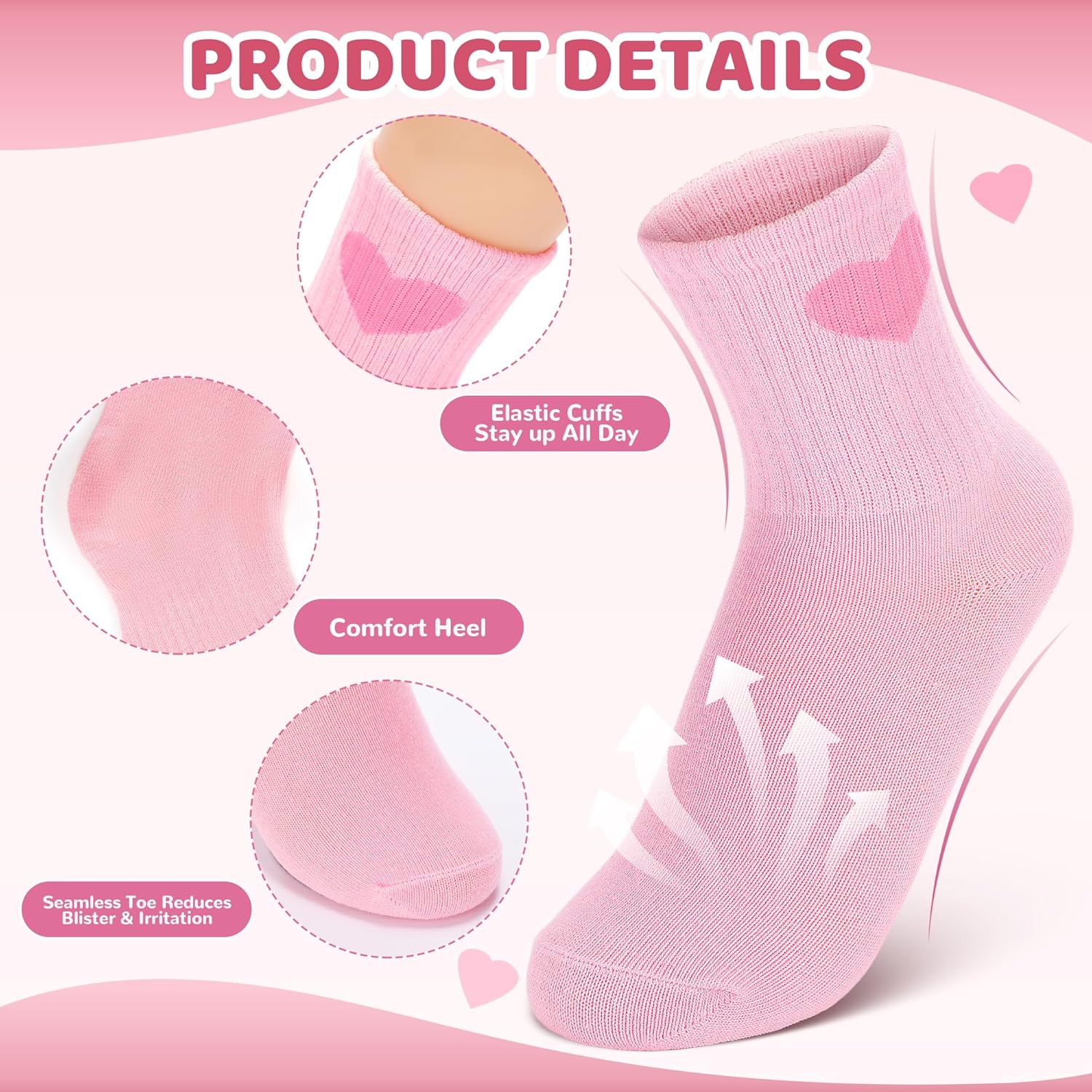 20 Pairs Kids Girls Crew Athletic Socks with Stripes Heart Cute Cotton Socks for Girls 3-12 Years
