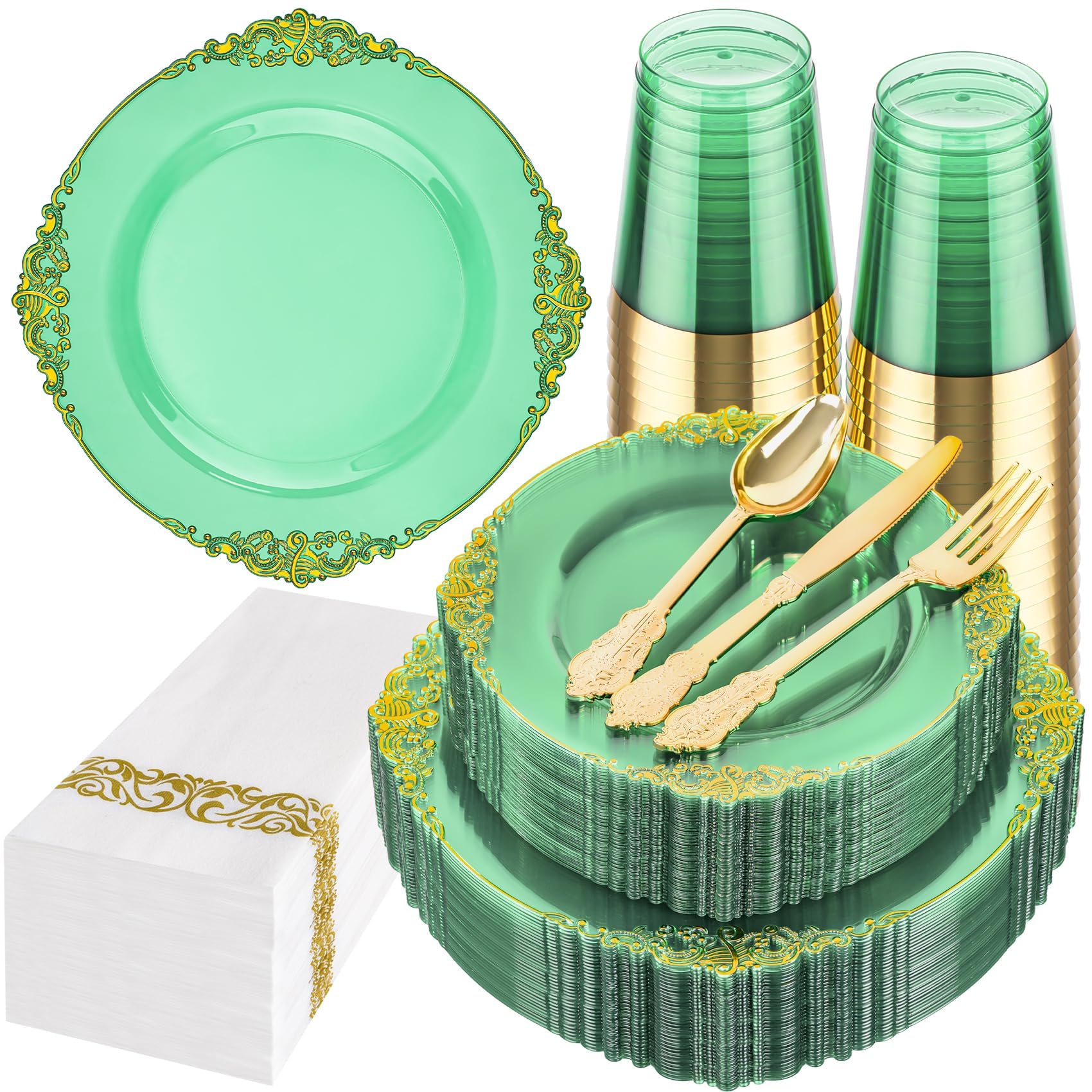 Hioasis 175pcs Clear Green Plastic Plates - Elegant Disposable Dinnerware Set Suitable for 25 Guests Include 10.25" Dinner & 7.5" Dessert Plates, Cutlery, Napkins, Cups for Party & Wedding