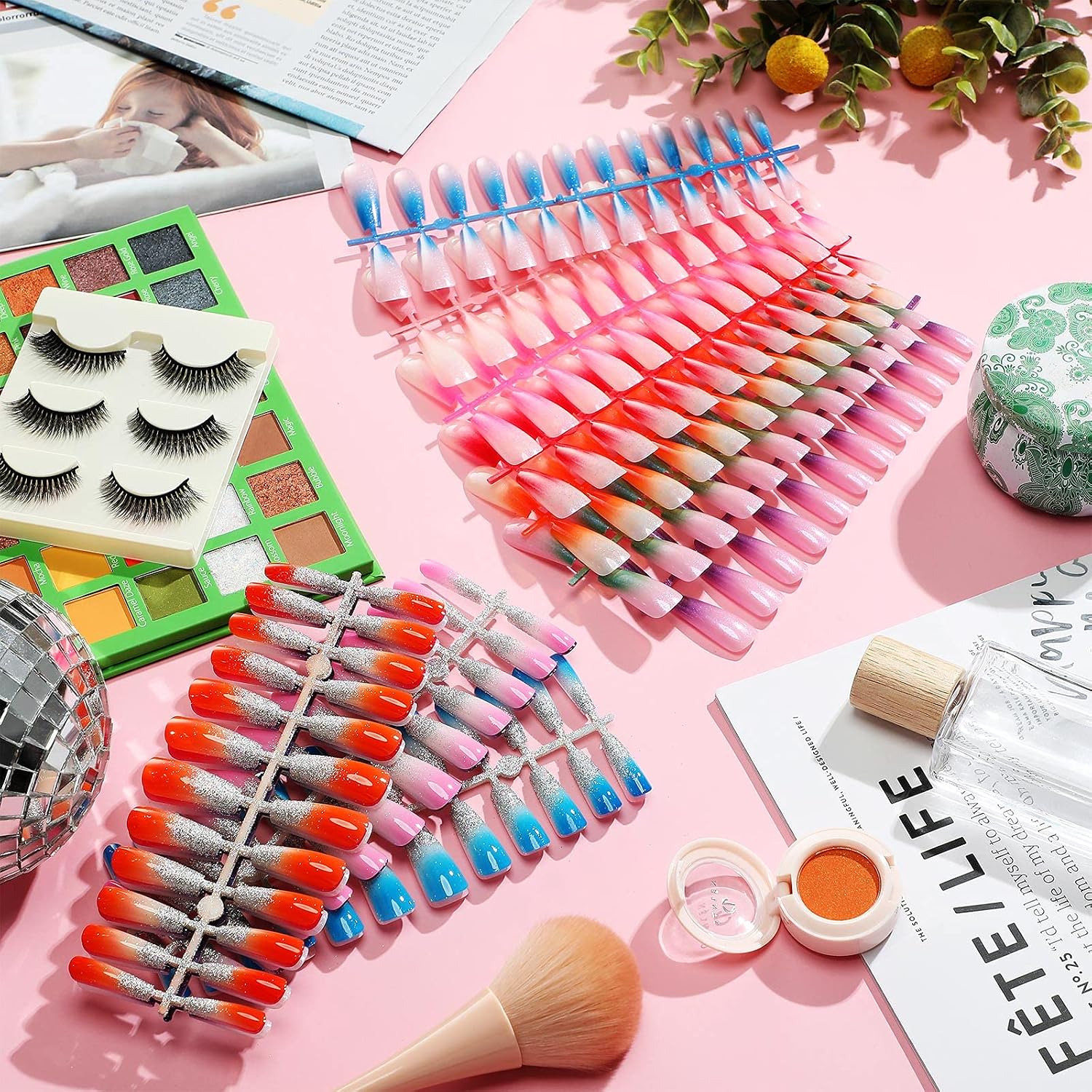 360 Pieces Long Coffin Press on Nails Matte Ballerina False Nails Full Cover False Nails Artificial Nails Tips with Crystal Nail File for Nail Art Salon and Home DIY (Half Gradient Glitter Pattern)