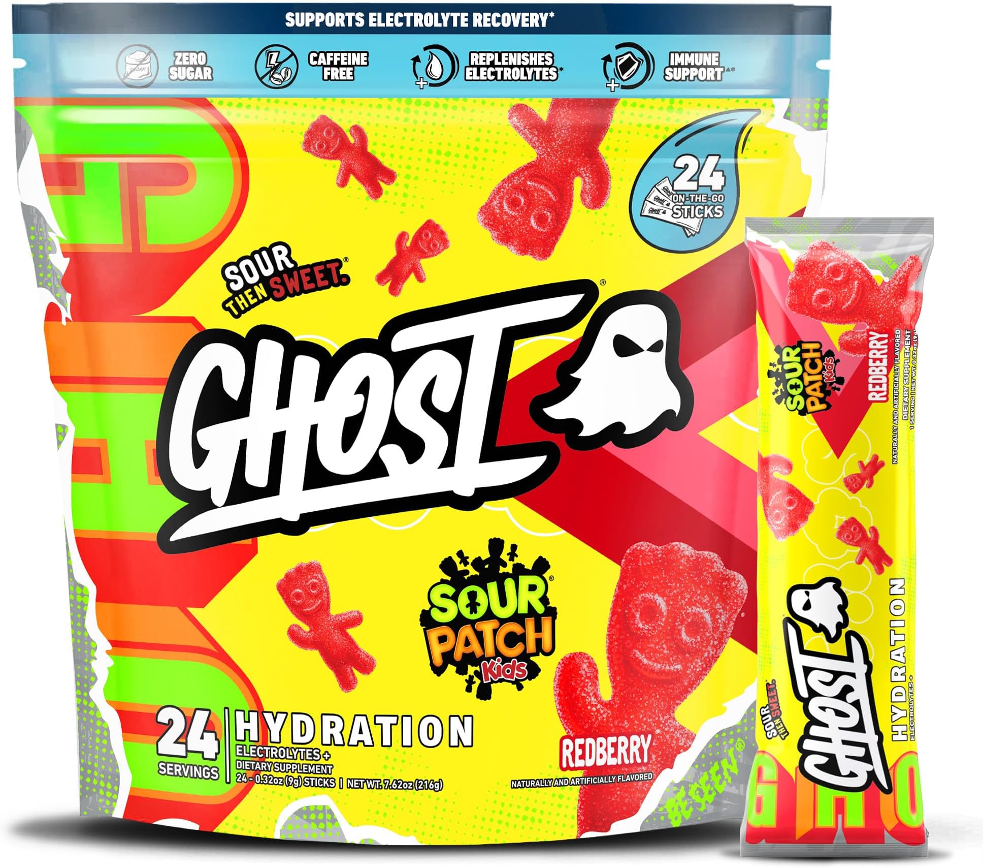 Ghost Hydration Packets, Sour Patch Kids Redberry, 24 Sticks, Electrolyte Powder - Drink Mix Supplement with Magnesium, Potassium, Calcium, Vitamin C - Vegan, Free of Soy, Sugar & Gluten