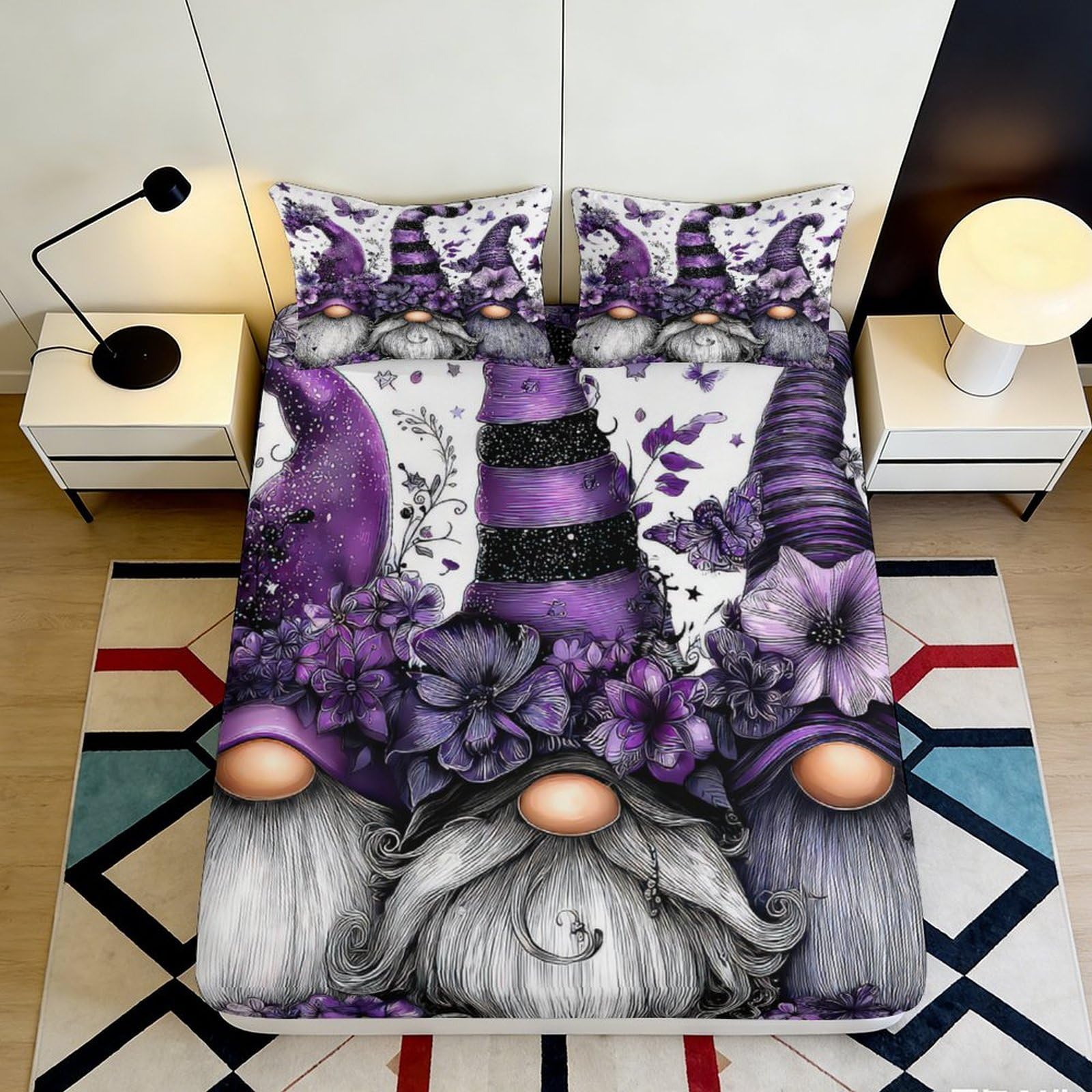 Pnayamiorkfel Style-1 3D Printed Purple Gnome Fitted Sheet Microfiber Soft Floral Hat Bed Cover For Bedroom Guest Room Dorm Mattress Decor 90X200x25cm