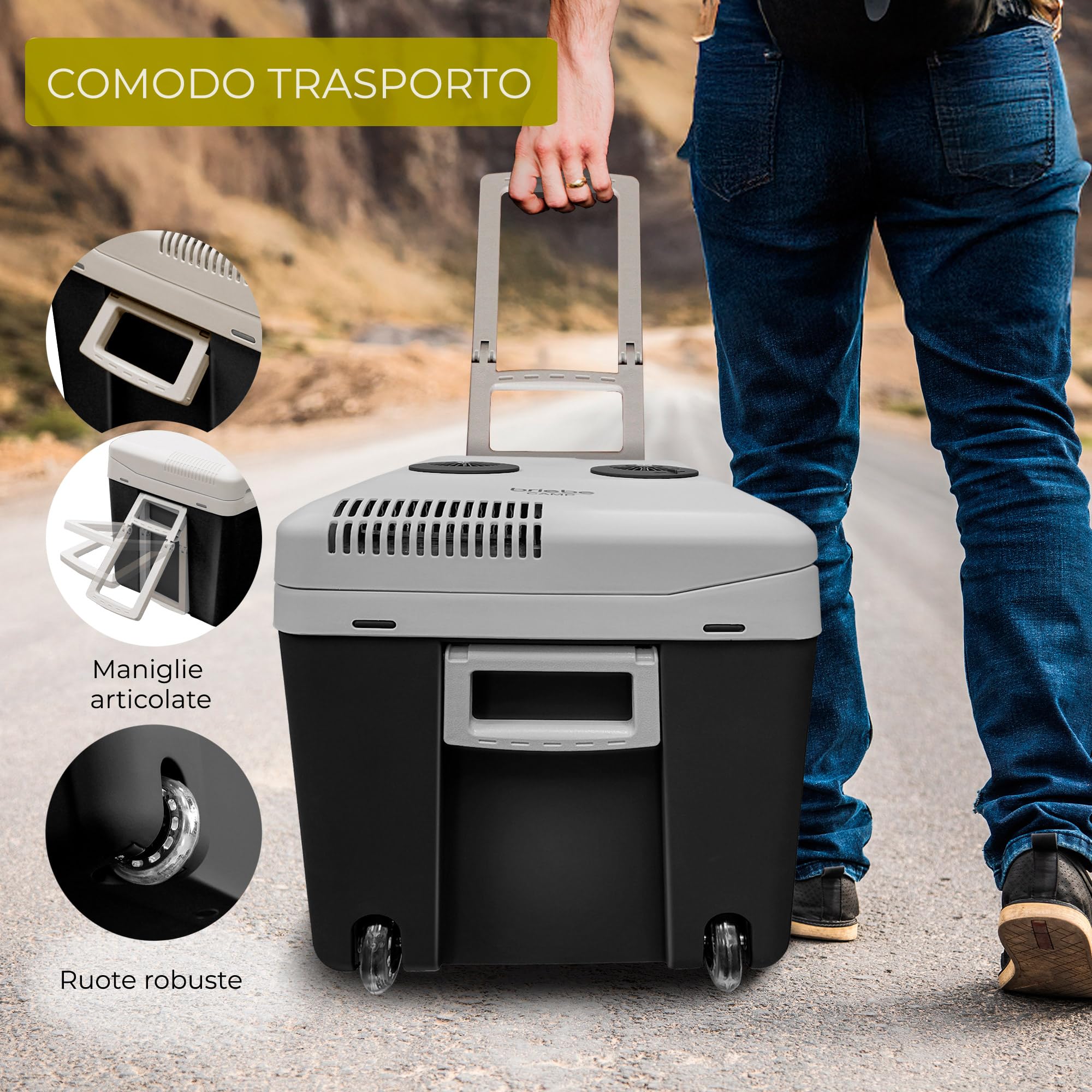 briebe Frigorifero Portatile da Viaggio Termoelettrico 40 Litri AC/DC 12V / 220V, Per Auto, Campeggio, Raffredda e Tiene Caldo, Modalità a Basso Consumo (Nero)