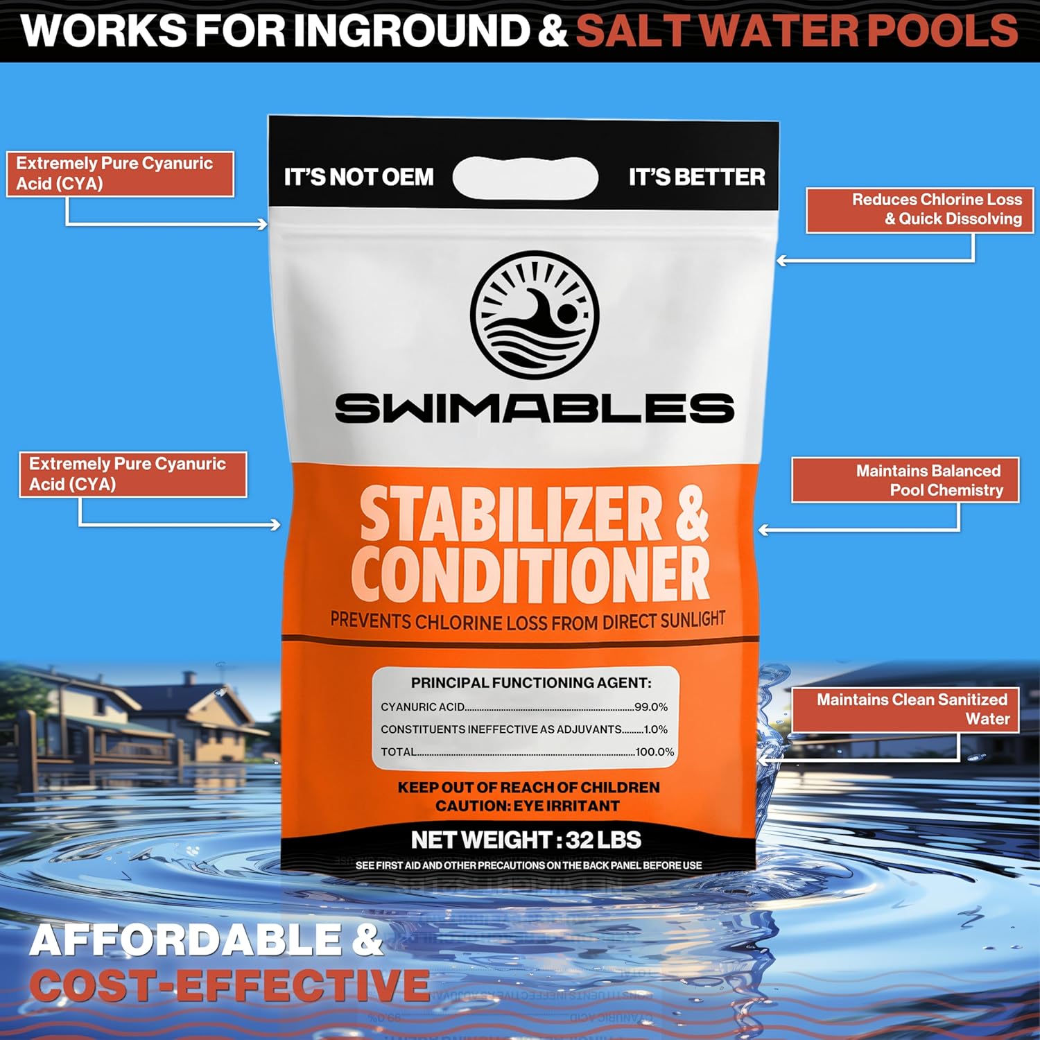 Swimables 32-Pounds Premium Pool Stabilizer & Conditioner, Max Strength Cyanuric Acid for Pools, Spa & Salt Water – Reduces Chlorine Loss, Ideal for Swimming & Hot Tubs