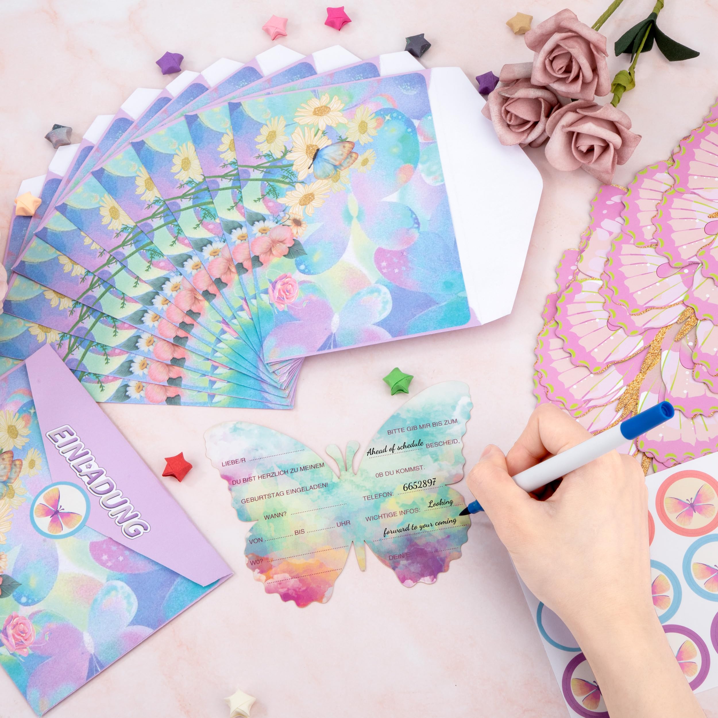 Cartes Invitation Anniversaire Papillon Fille - 12 Pièces Avec Enveloppes Et Autocollants Rose