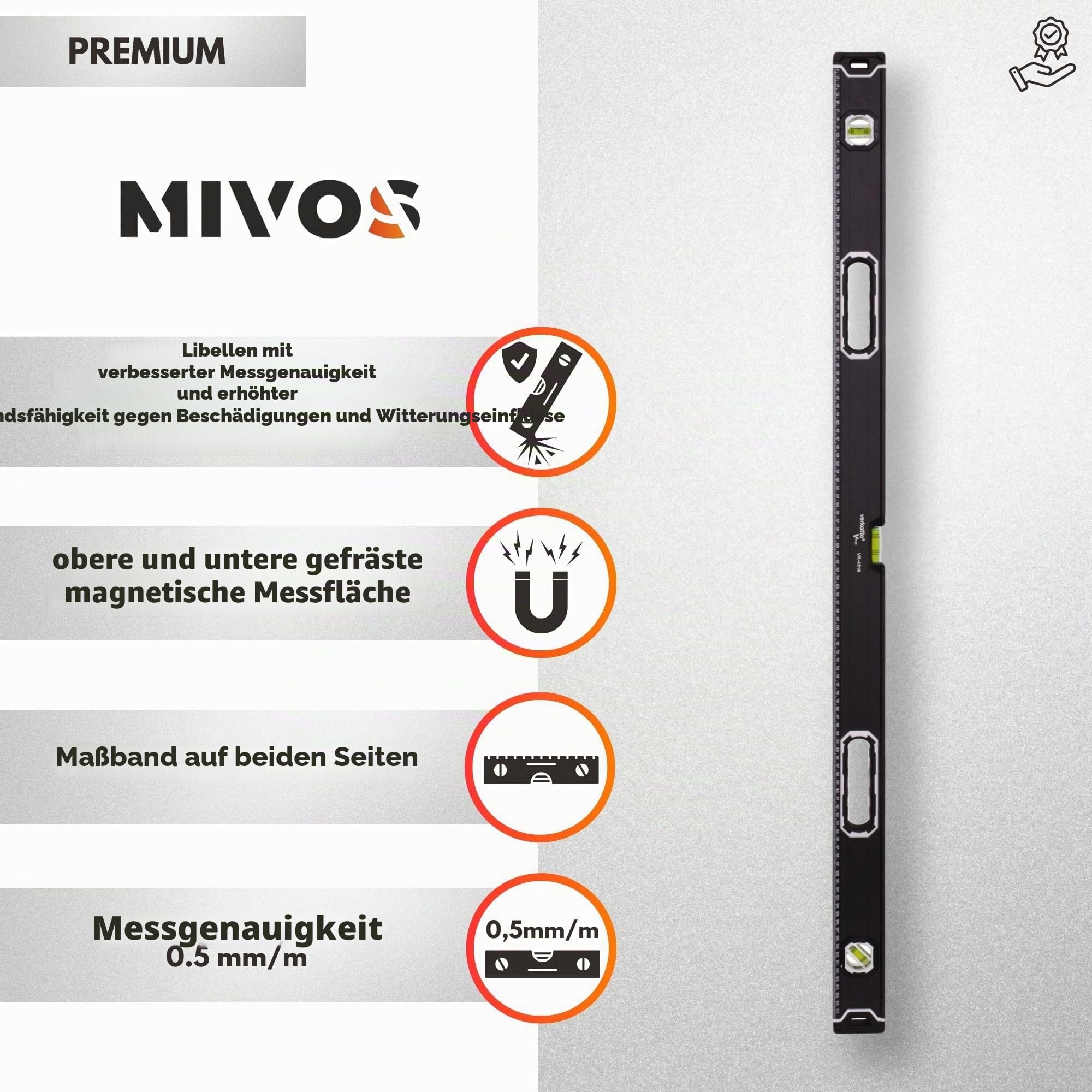 MIVOS Aluminium Wasserwaage 120cm mit Magnet System und Aluminium-Gehäuse - Magnetische Wasserwaage mit 3 Libellen - Hohe Genauigkeit - Magnetwasserwaage - Maximale Präzision