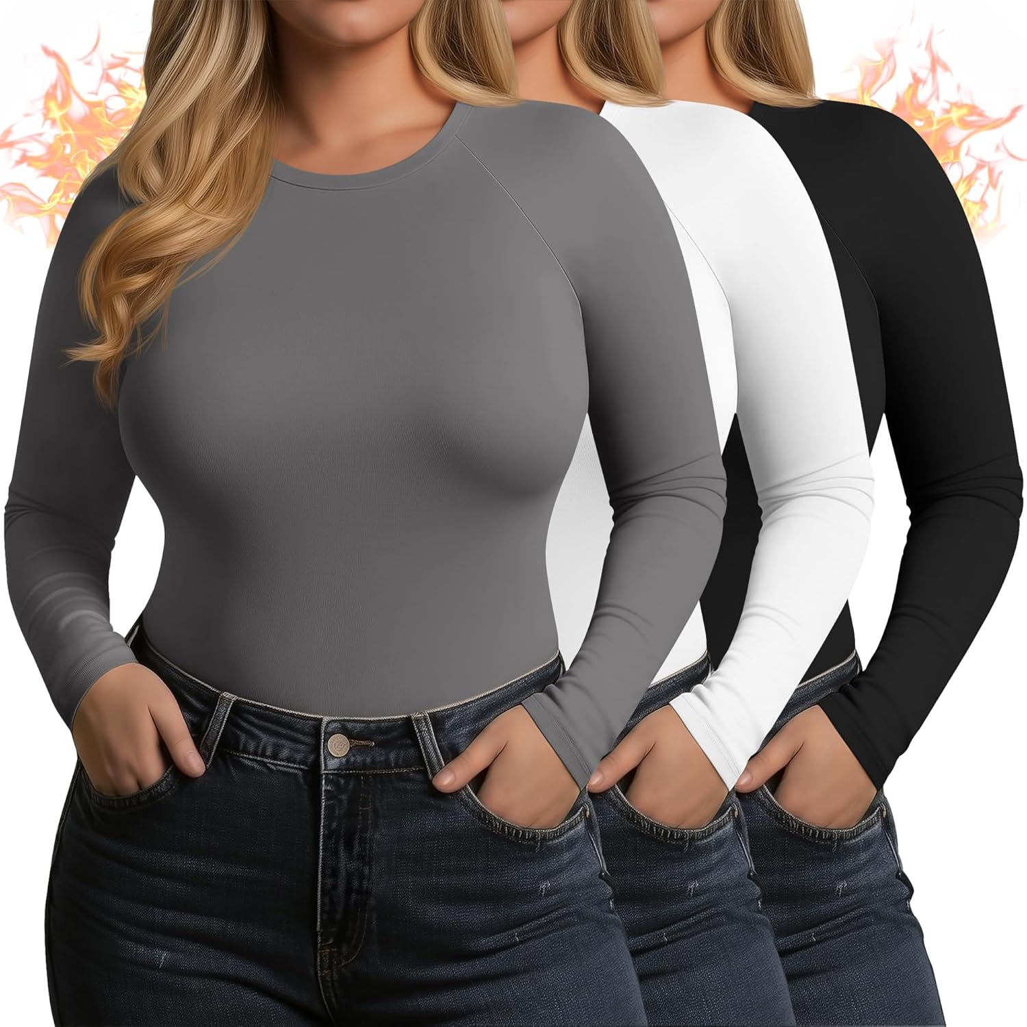 3 Pack Women's Plus Size Thermal Shirts Raglan Sleeve Crew Neck Fleece Lined Tops L...