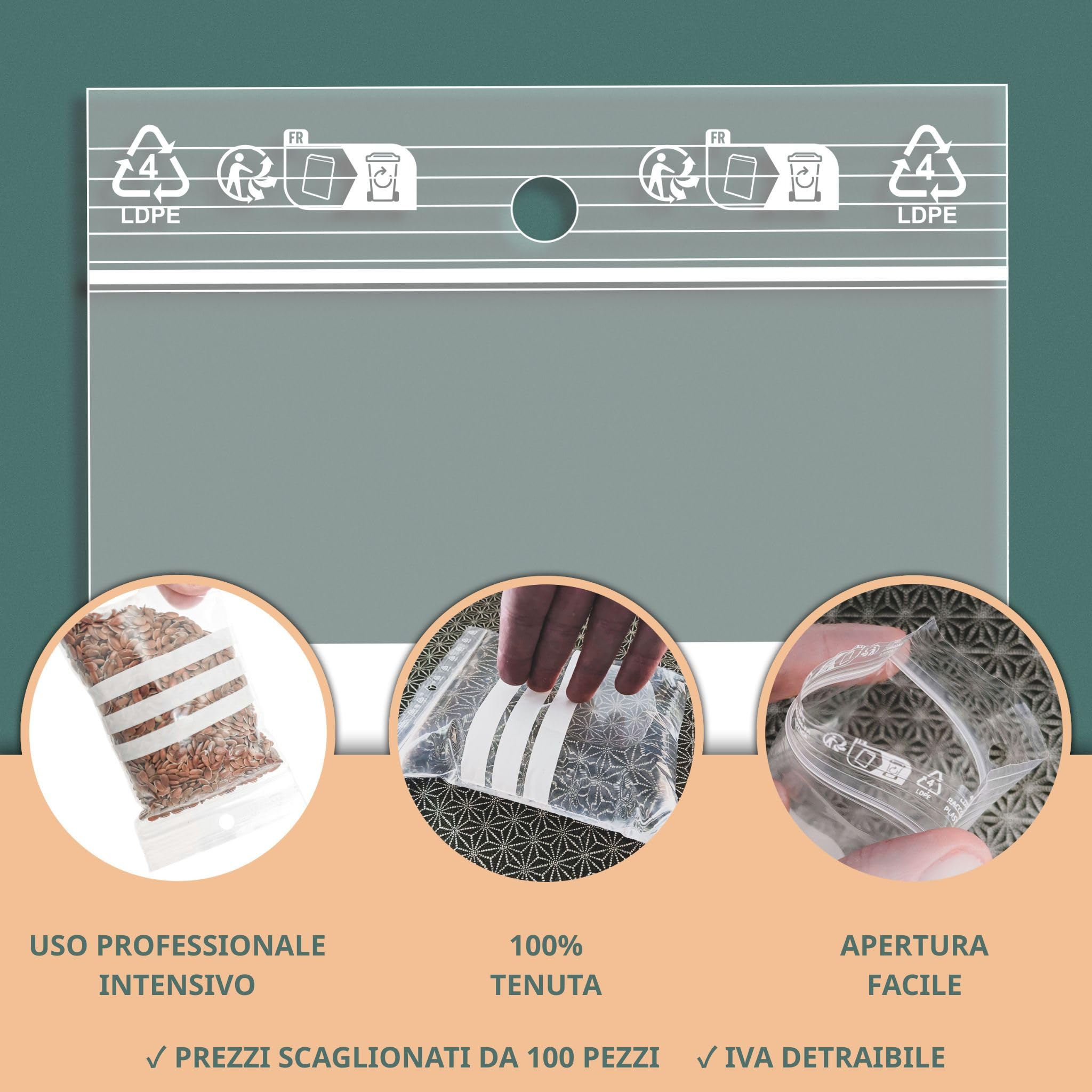 PACKY - Bustine Trasparenti Richiudibili 8x12 Cm - 100 Pezzi - 3 Bande Bianche | Ampia scelta