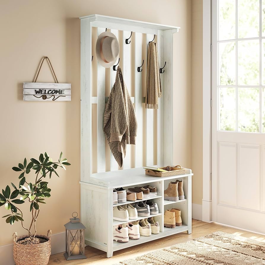 VASAGLE Hall Tree with Bench and Shoe Storage, Coat Rack with Shoe Bench, 7 Double Hooks for Jackets, Hats, Entryway, Bedroom, Living Room, 13.8 x 31.9 x 70.9 Inches, Rustic White UHSR414W01