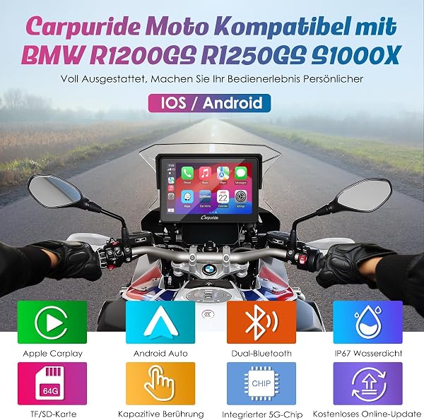 Carpuride W502B Schermo Carplay per BMW Moto R1200GS R1250GS S1000XR, Touchscreen Impermeabile da 5 pollici, Navigazione GPS Portatile Carplay/Android Auto per Moto, Doppio Bluetooth - 2