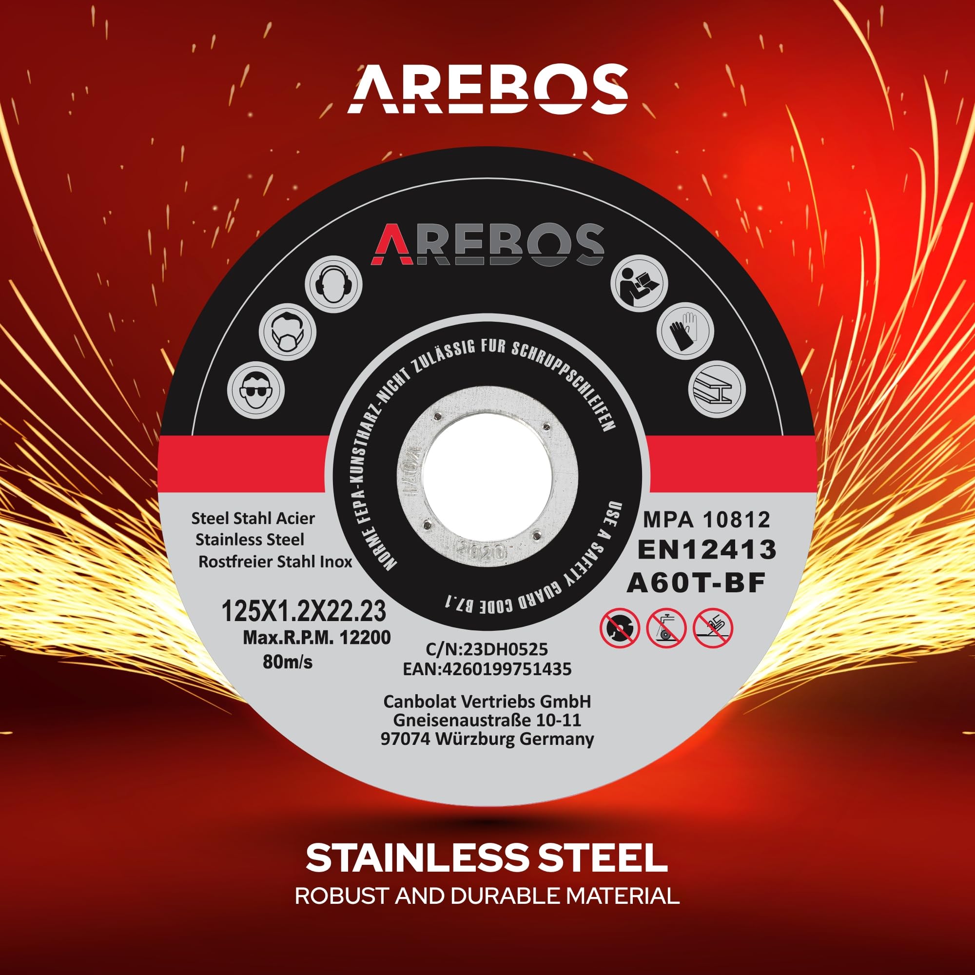 Arebos Tarcze tnące Ø 125 mm, 200 sztuk, nadają się do stali, stali nierdzewnej, Inox, żelaza, blachy, metalu, obiegu do przodu i do tyłu, EN 12413, certyfikowane przez Urząd Kontroli Materiałów (MPA)