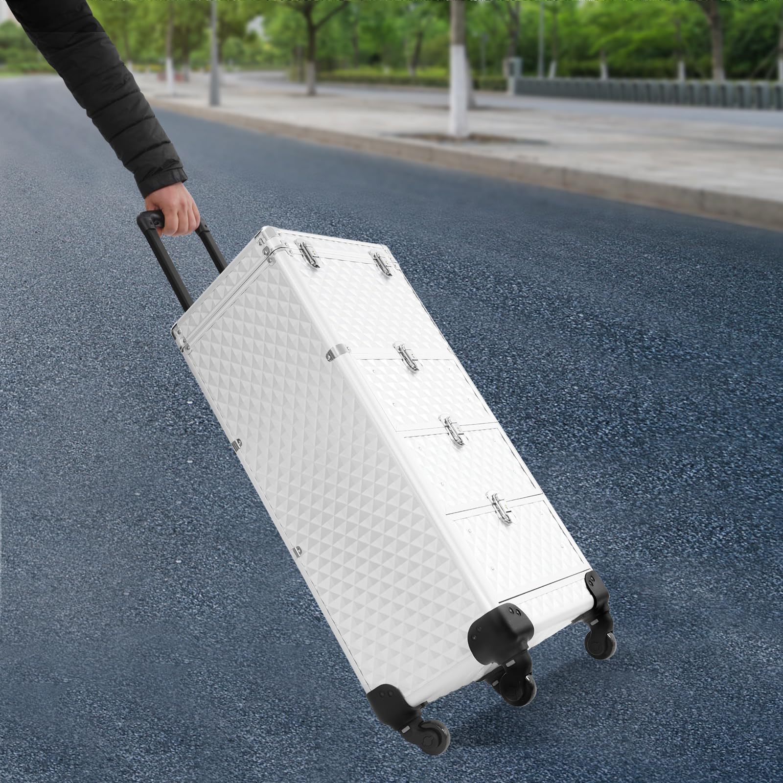 Kosmetikkoffer Kosmetik Trolley 3-in-1 Make up Koffer Schminkkoffer mit 360° drehbare Rollen, Alu Beauty Case Nagelkoffer Multikoffer, 34x27x107cm, Silber