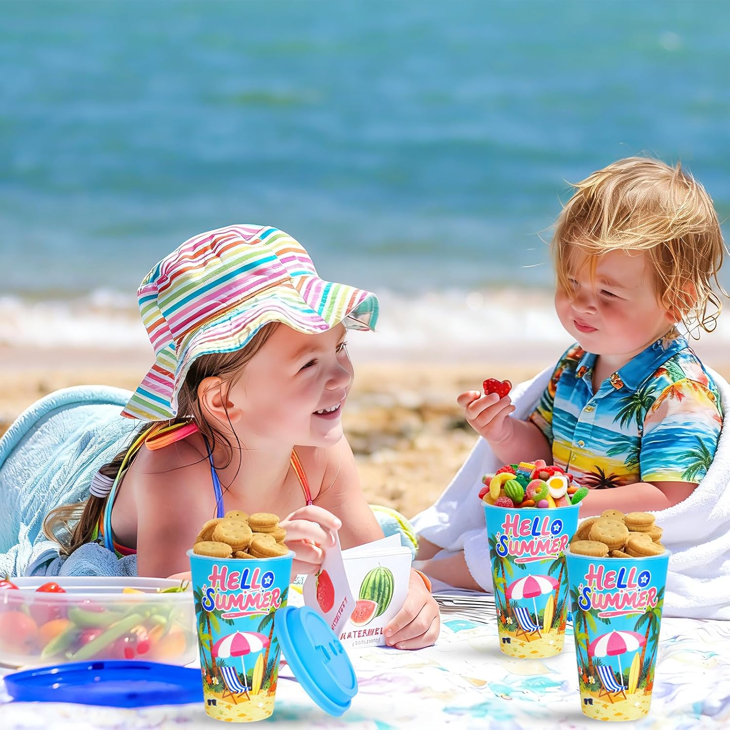 AnyDesign 24 Pcs Summer Beach Party Favor Goodie Cups 16 Oz Hawaiian Tropical Plastic Snack Cups with Lids Plugs for Luau Pool Birthday Party Outdoor Event Supplies