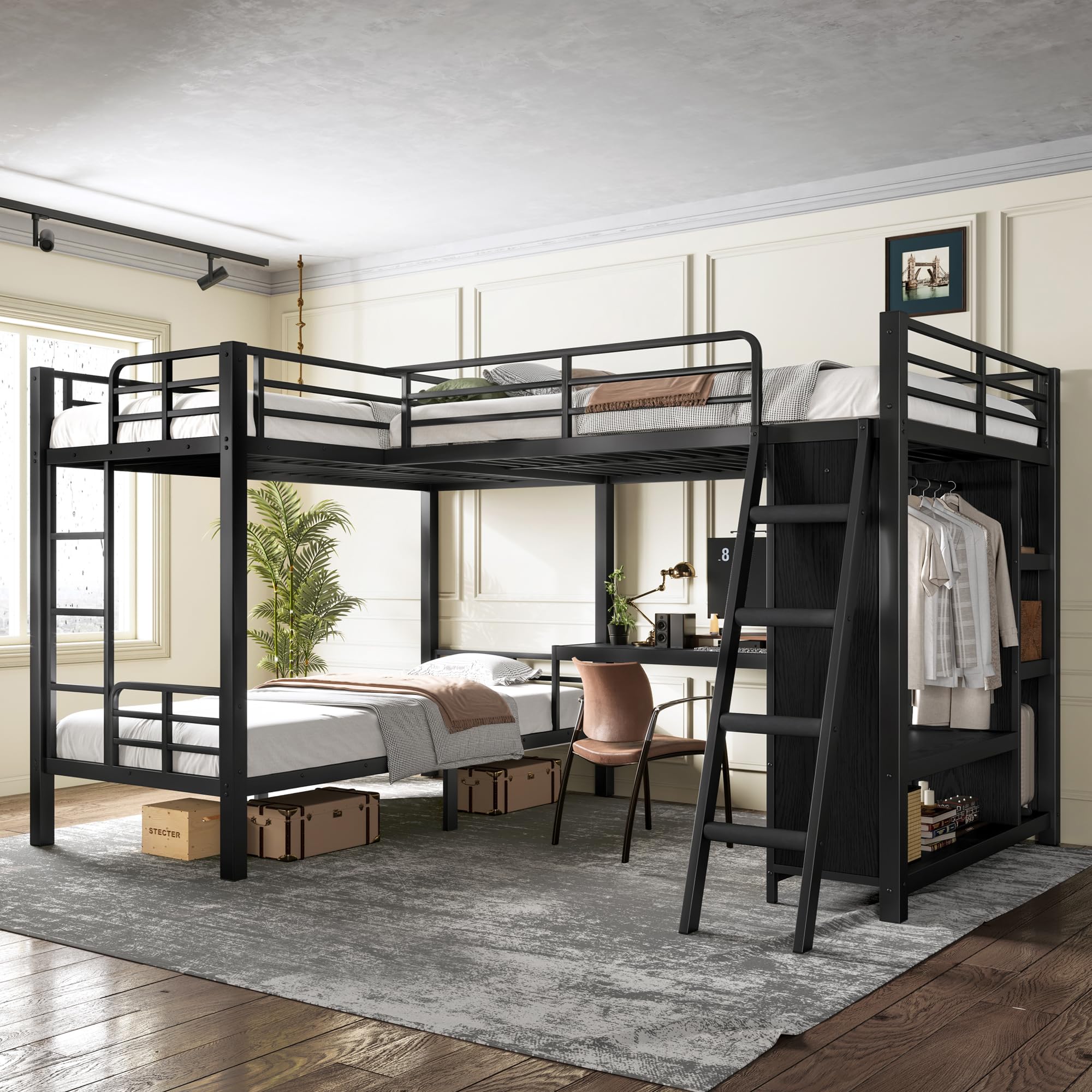 Photo 1 of Bellemave Twin XL Over Twin XL and Full L-Shaped Triple Bunk Beds with Desk and Wardrobe, Metal L-Shaped 3 Bunk Beds for Kids, Black