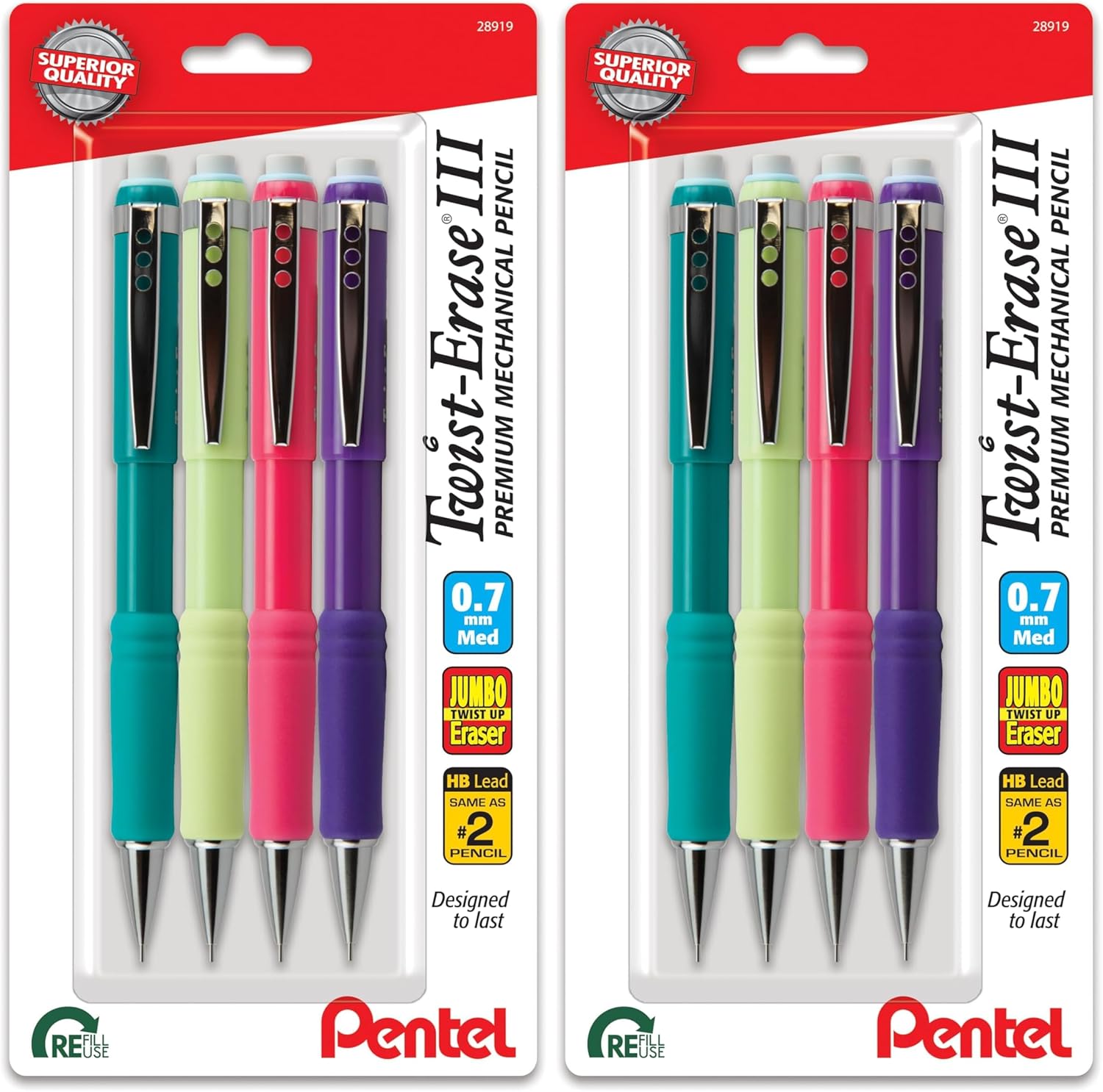 Pentel Twist-Erase III Mechanical Pencil, (0.7mm), Medium Line, Assorted Fashion Color Barrels, (QE517FBP4M),4 Count (Pack of 2)