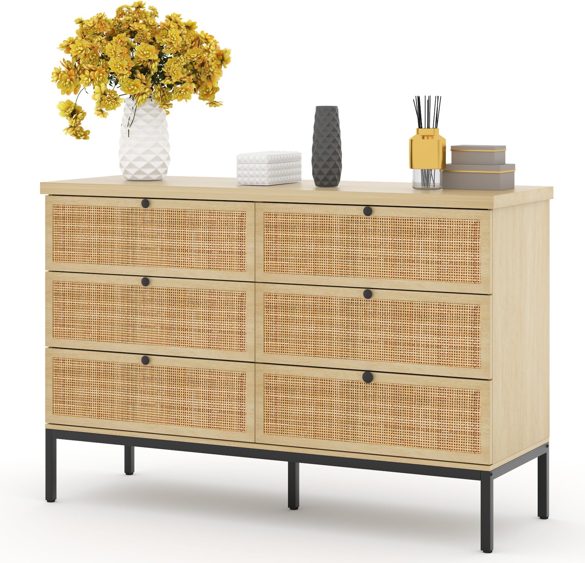Brafab Natural Rattan 6 Drawer Double Dresser for Bedroom, Industrial Wood Clothing Organizer Boho Dresser, Wide Storage Chest of Drawers Dresser with Sturdy Steel Legs for Living Room, Hallway