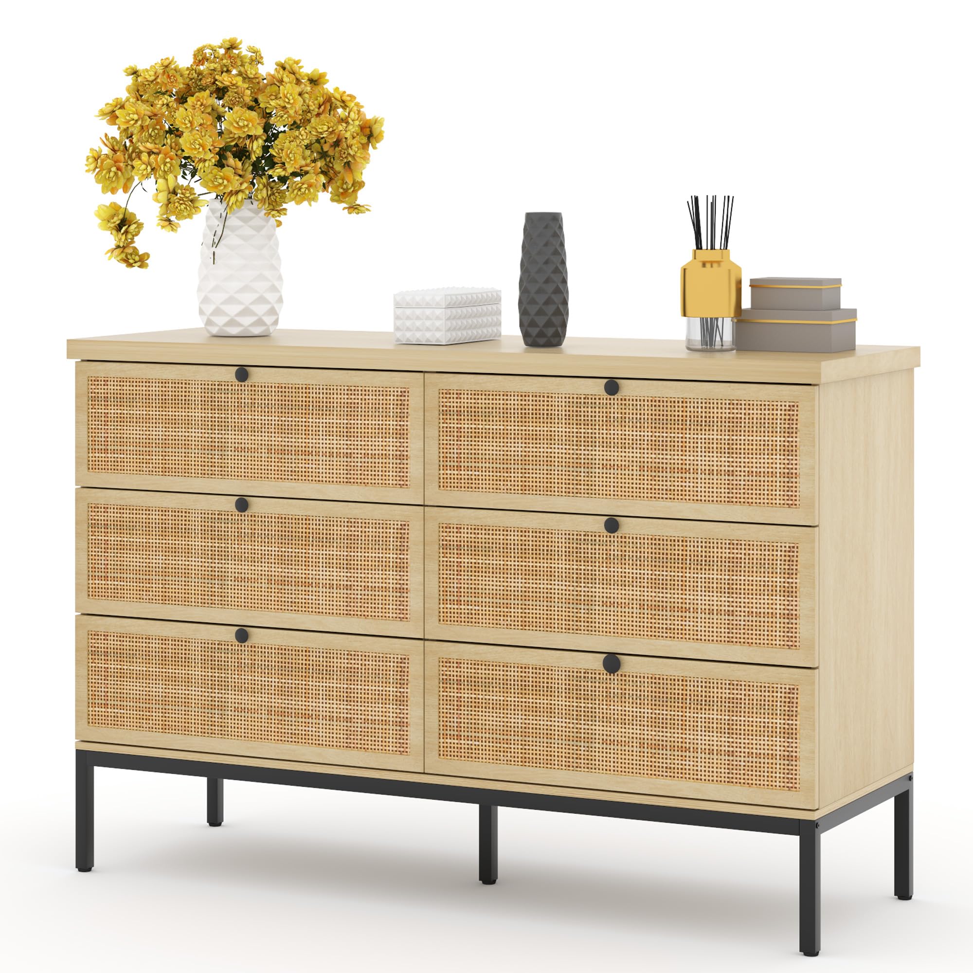 Brafab Natural Rattan 6 Drawer Double Dresser for Bedroom, Industrial Wood Clothing Organizer Boho Dresser, Wide Storage Chest of Drawers Dresser with Sturdy Steel Legs for Living Room, Hallway