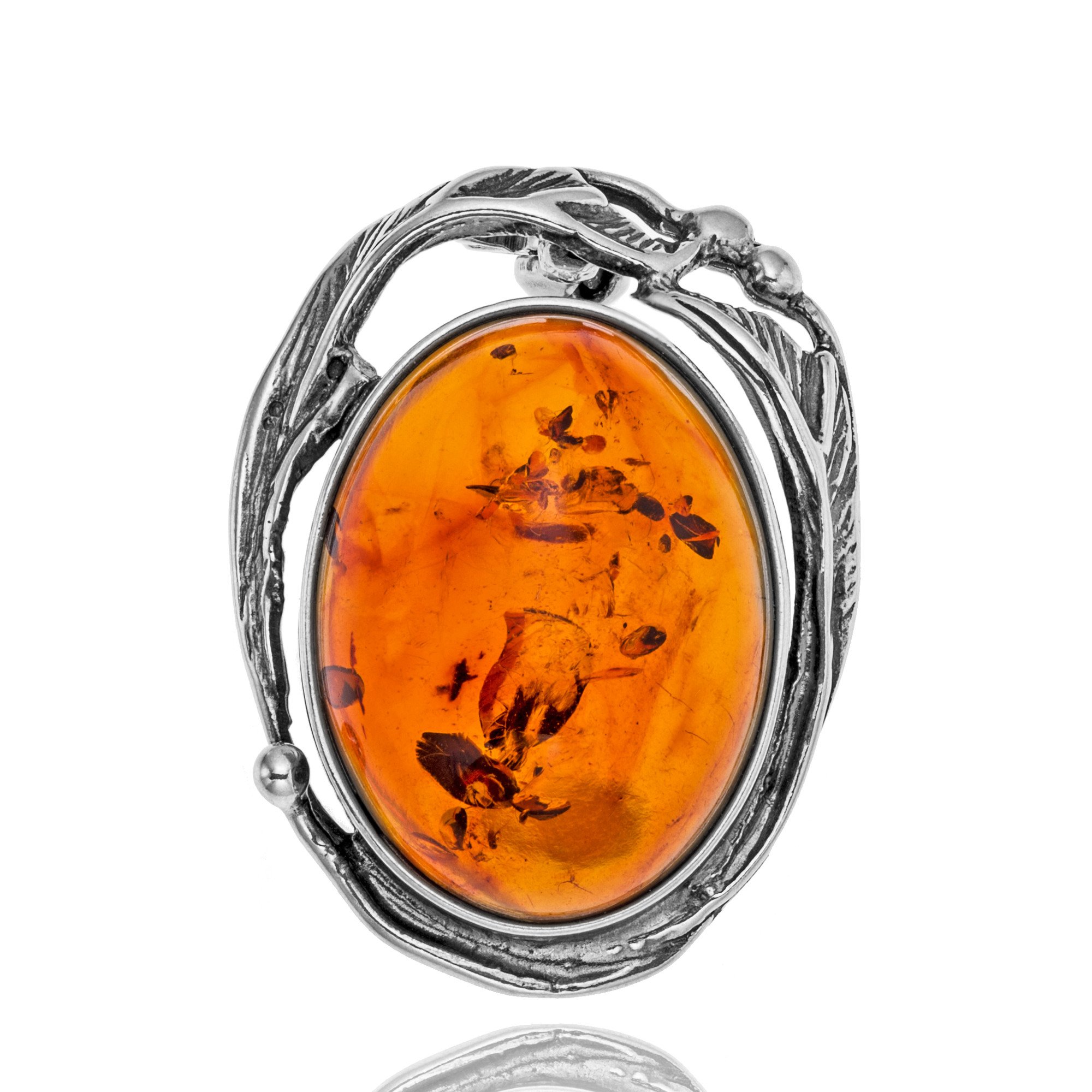 Spilla Da Donna In Argento Sterling Con Ambra Ovale In Design Artistico
