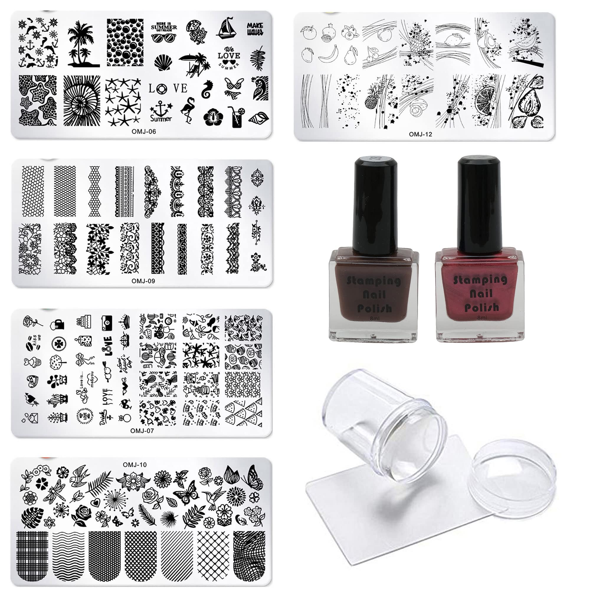 Lifestyle-You Nail Stamping Kit With 5 Rectangular Steel Image Plates, Silicone Stamper & Scraper & Stamping Nail Polish KIT G