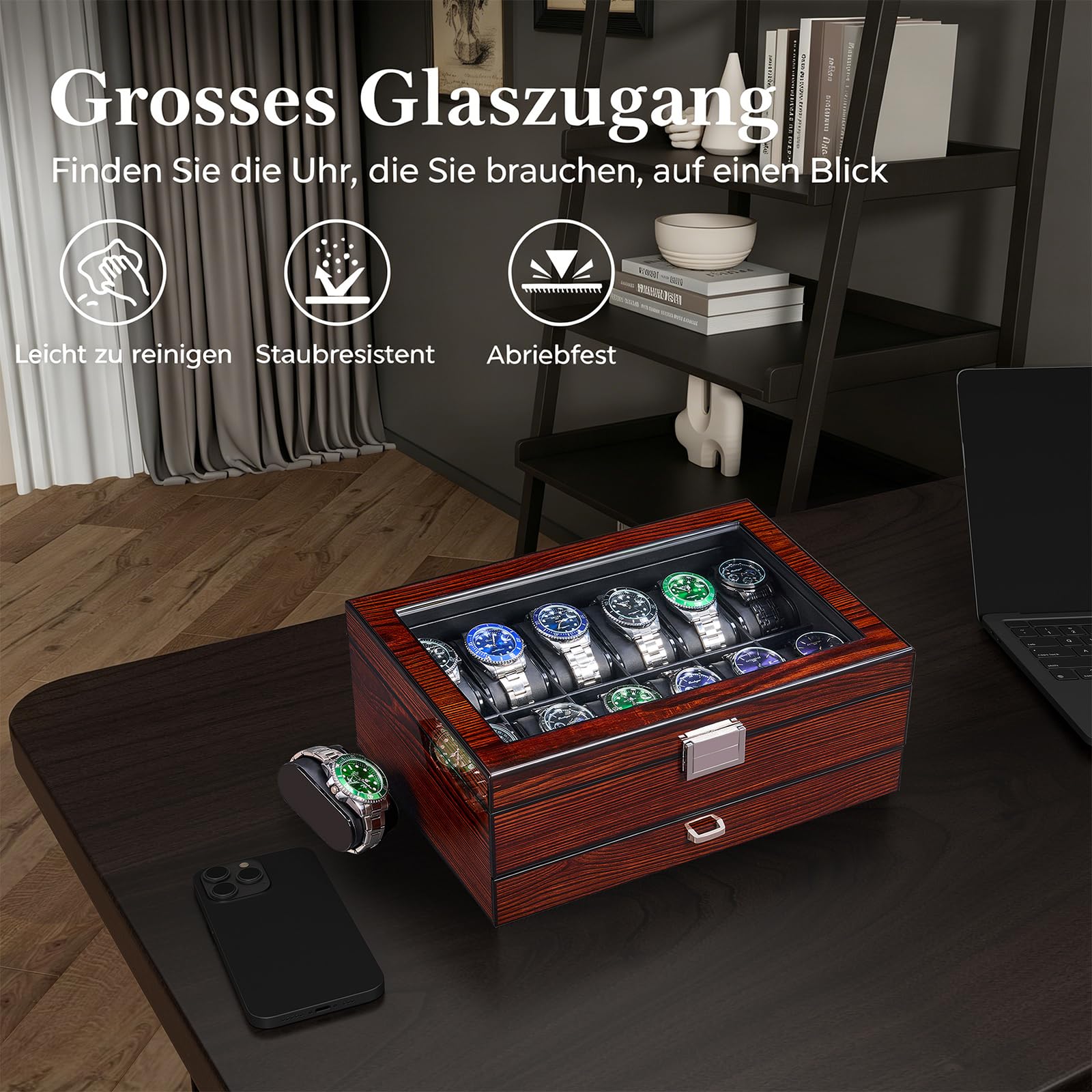 BEWISHOME Uhrenbox mit 12 Fächern, Herren Luxuriöse Uhrenbox | 2 Ebenen Uhrenkasten, Uhrenaufbewahrung mit Glasdeckel, Uhren Aufbewahrungsbox, Weihnachten Uhren Box, Braun, ESSH02Y