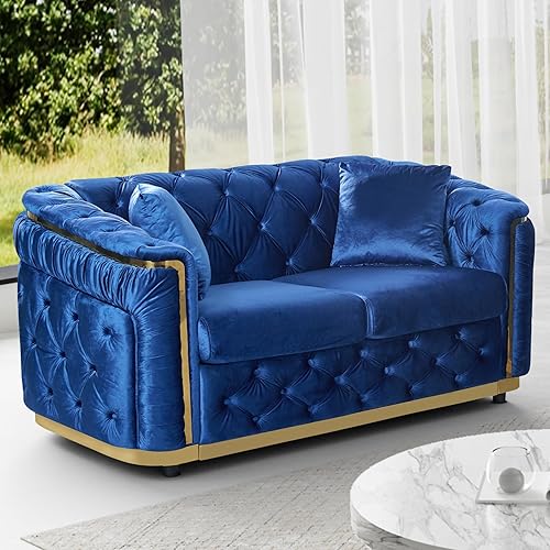 DAMAIFROM Velvet Couch Blue and Gold Sofa Luxury Loveseat 62.5" Mid Century Modern Chesterfield Sofa Couch, for Living Room, Tufted Sofas with 2 Pillows & Classic Golden Decor, Blue