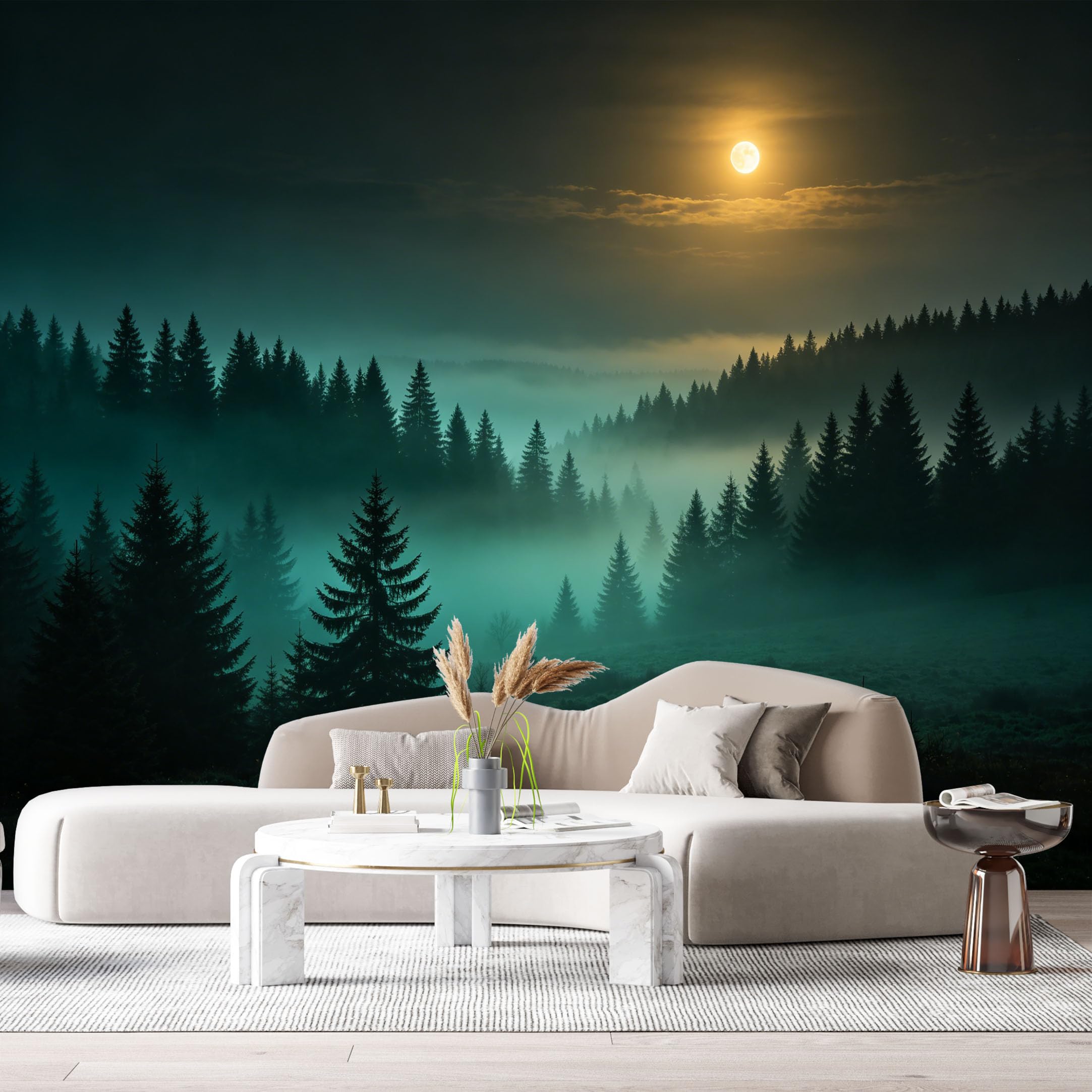 Custom Size Wall Murals Misty Forest Landscape Moonlight Night Sky Foggy Pines SelfAdhesive Wall Fabric Removable Large Wallpaper for Photo Living Room