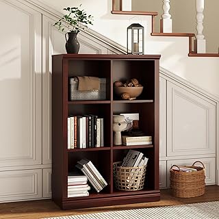 Bevfint 6 Cube Storage Organizer - 3 Tiers 6 Storage Cube Adjustable Space Book Case, Display Cabinet Organizer with Bookcase, 30 inch Width Horizontal Bookshelf for Home Library Office, Mahogany