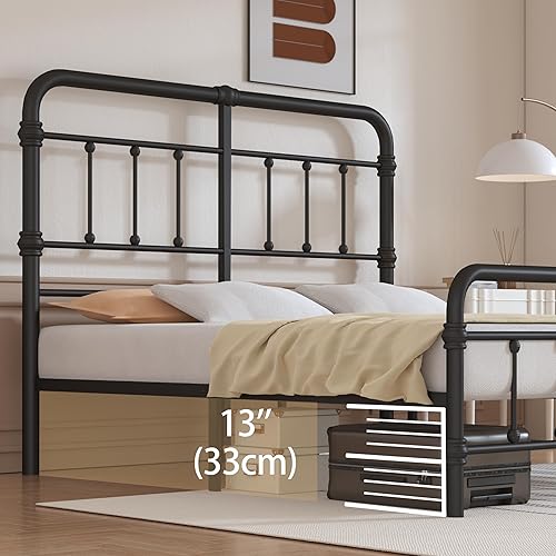 Miniatura 8 de Marco de cama individual con plataforma de metal y cabecero de estilo vintage, tamaño individual con espacio de almacenamiento debajo del marco, 14