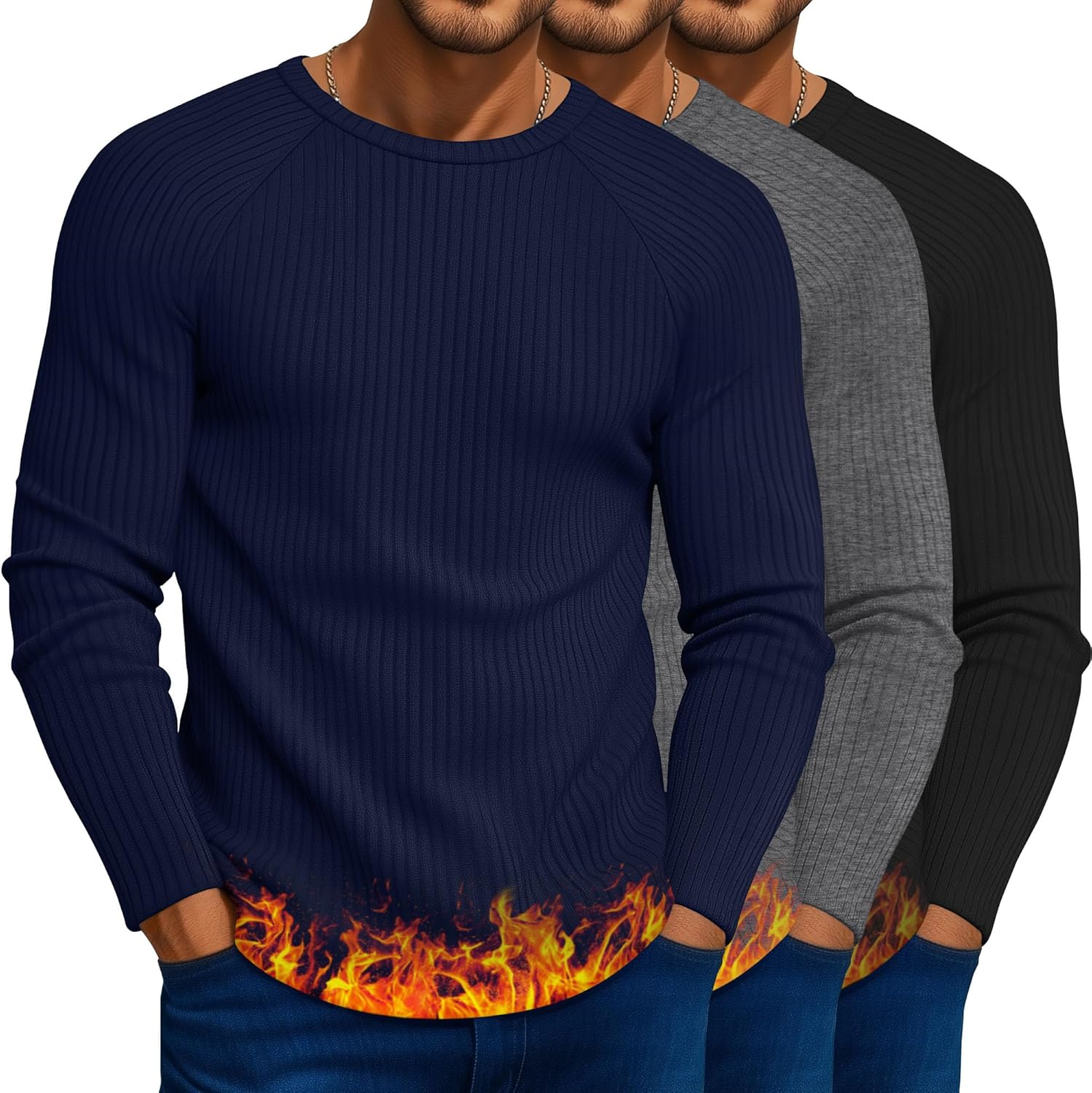 Sweetyweee 3 Pack Men's Big and Tall Thermal Shirts Ribbed Long Sleeve Cotton Crew Neck Tops Raglan Basic Undershirt
