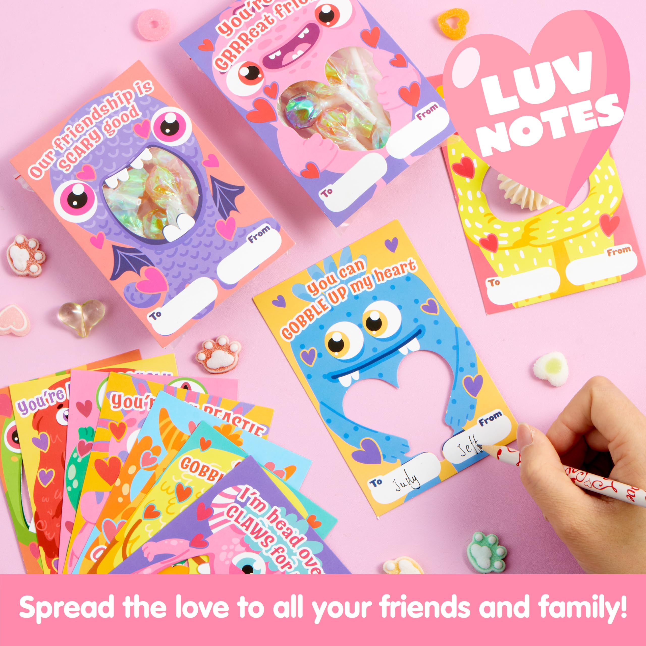 JOYIN 72 tarjetas de regalo para el día de San Valentín con diseños de monstruos con bolsas, tarjetas de felicitación huecas de San Valentín, tarjetas de dulces para niños, tarjetas de intercambio de
