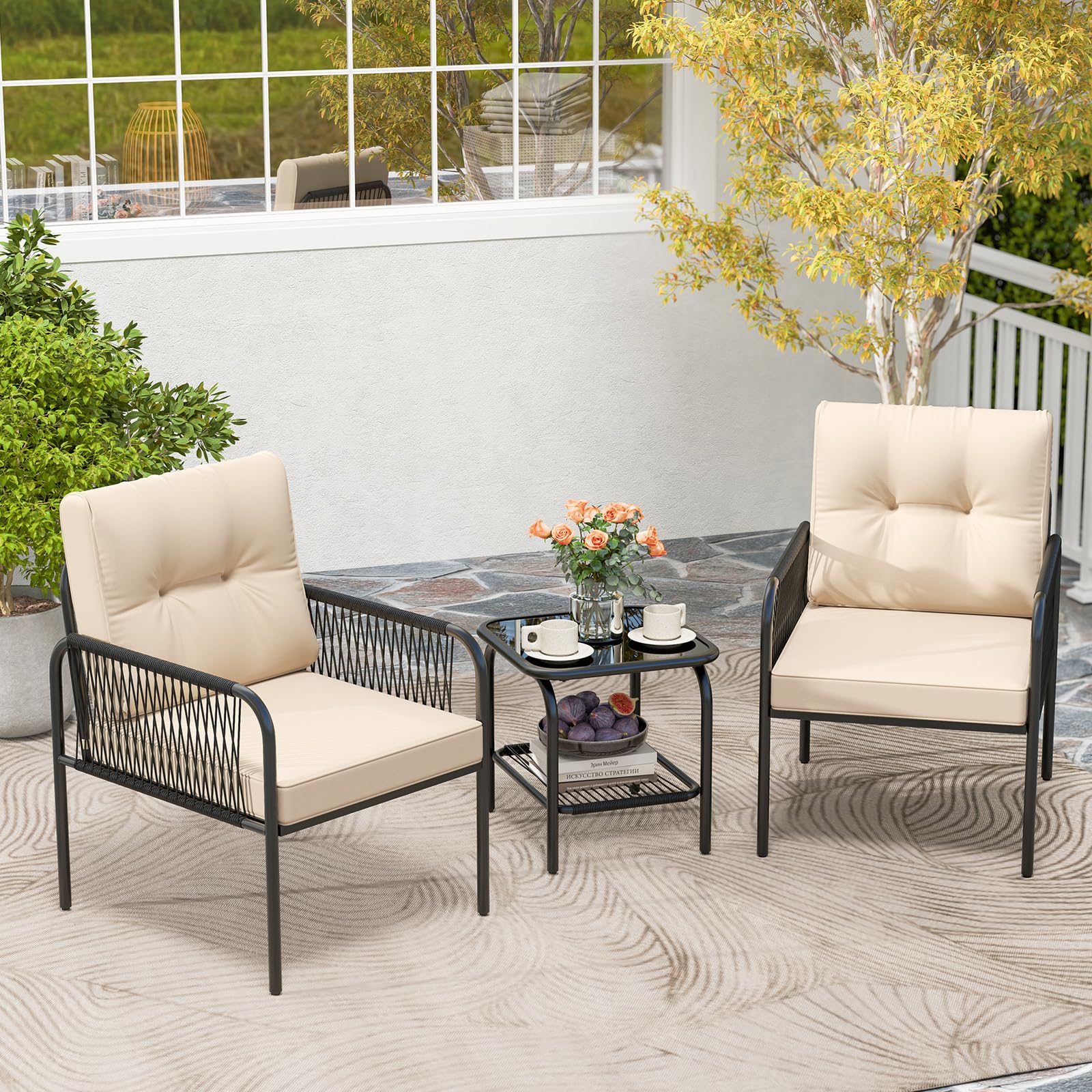 COSTWAY Conjunto Jardin Exterior de Ratan PE 3 Piezas, Mesa de Vidrio Templado, 2 Sillas con Cojines, Mesa y Sillas Muebles Jardin Terraza Balcon Exterior