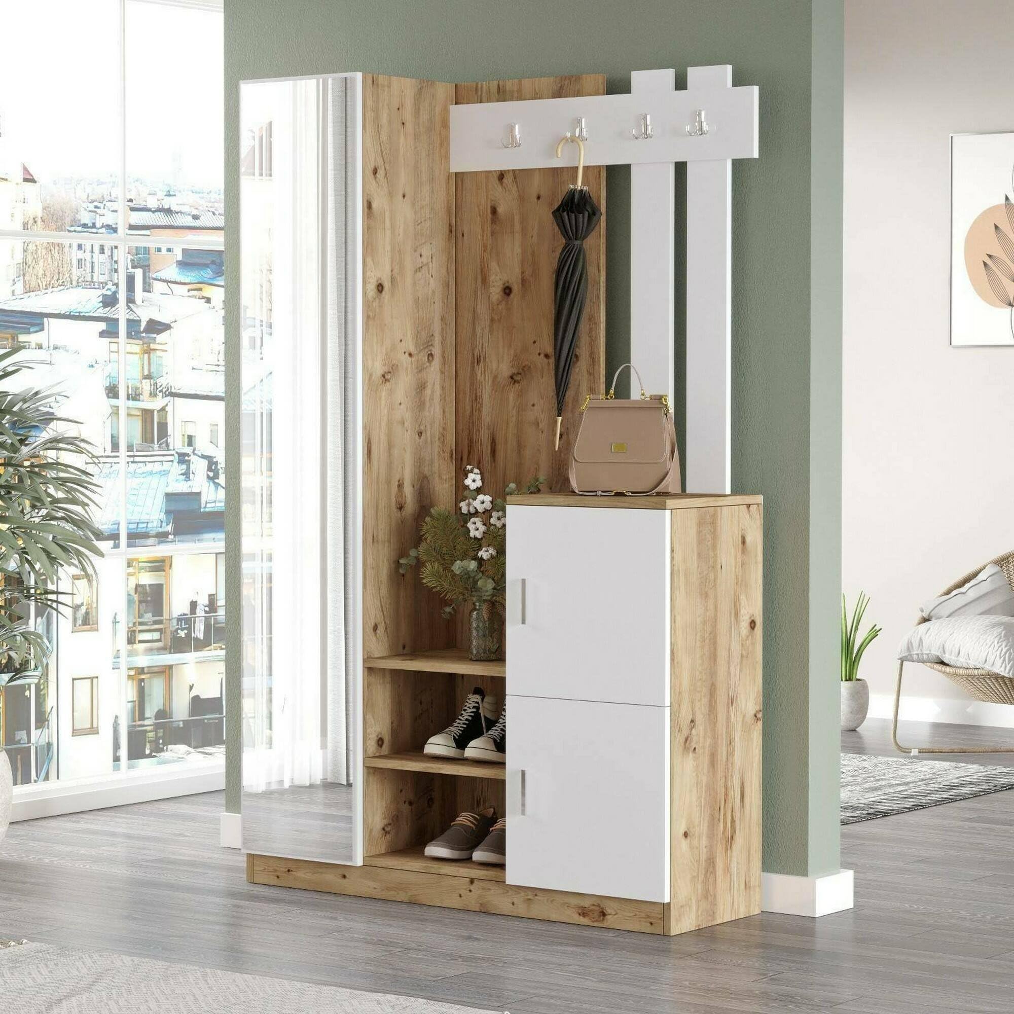 Dmora Mobile da Ingresso Australis, Entratina Appendiabiti, Composizione per atrio, Consolle portaoggetti Multifunzione, 114x38h180 cm, Quercia e Bianco