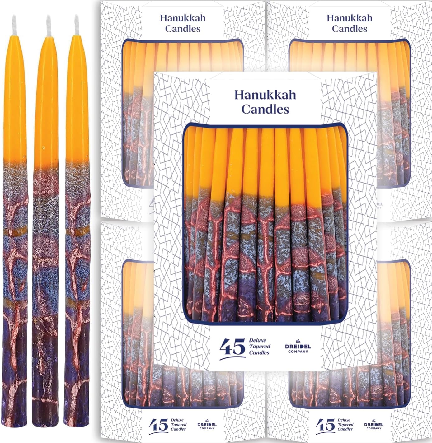 The Dreidel Company 5-Pack Dripless Chanukah Hanukkah Candles Decorative Purple, Blue, Orange, with Orange Frosted Stripes, 45 Candles per Box