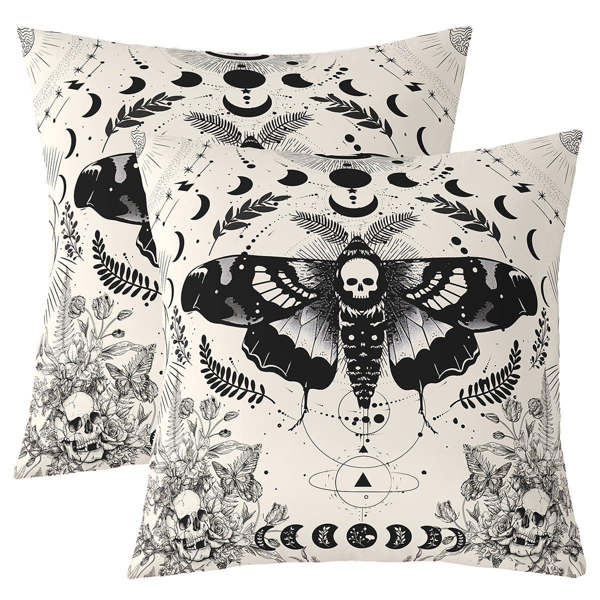 Loussiesd Kids Death Moth Square Cushion Covers Set of 2 Skull Decor Throw Pillow Covers Boys Girls Halloween Decorations Pillow Covers Boho Moth Teens Cushion Covers for Couch Sofa 45x45cm