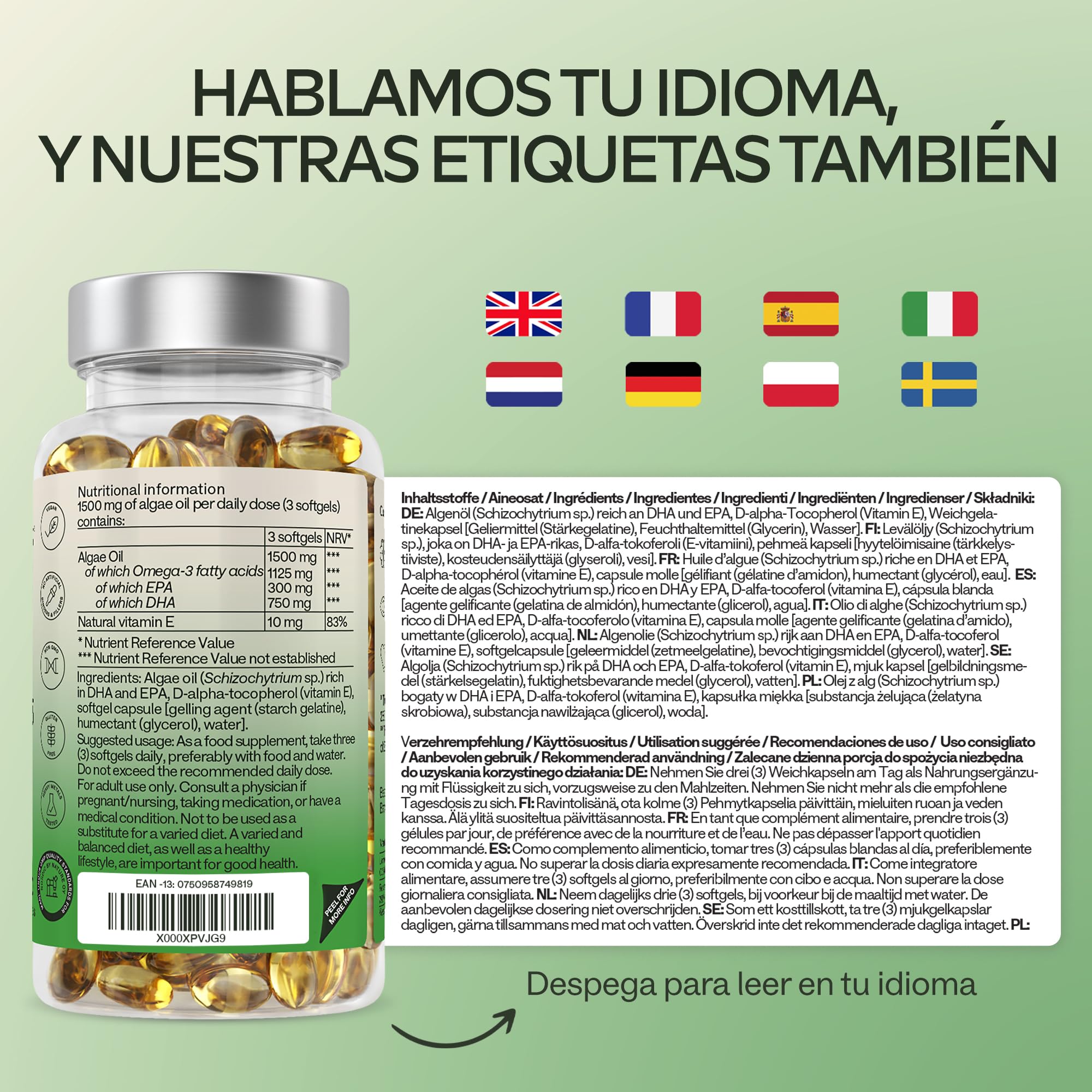 Omega 3 Vegano Aavalabs [ 1500 mg ] - de Aceite de Algas de Origen Vegetal Sostenible 750 mg DHA + 300 mg EPA por Dosis Diaria - Pureza Nórdica - 100% Vegano - 90 Cápsulas blandas