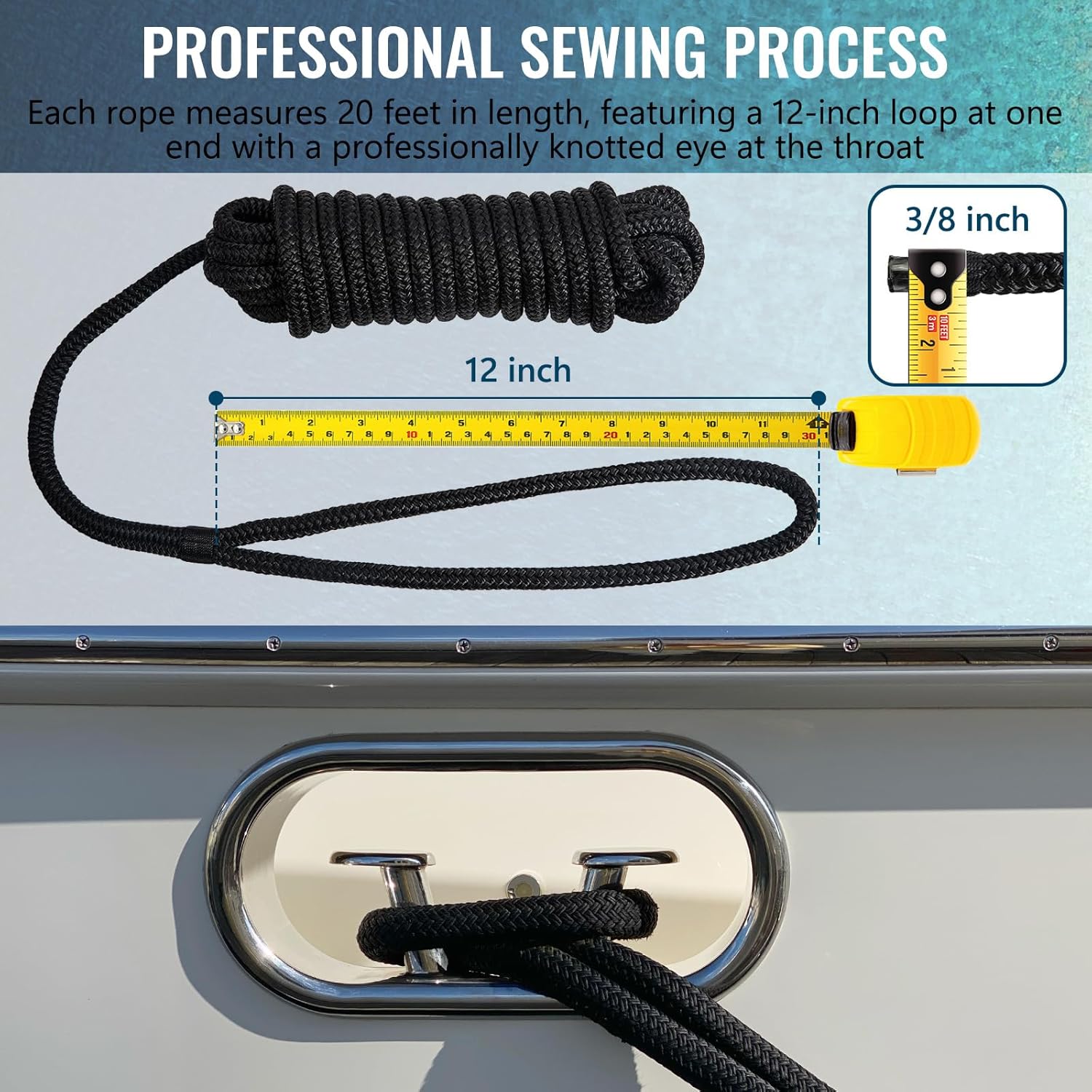 2 Pack 3/8" x 20' Boat Dock Lines for Boat & Pontoon, Premium Marine- Grade Double Braided Nylon Boat Lines, Pre-Spliced with a 12" Eyelet-Black,High Strength,Easy Handling,Boating Gifts for Men.