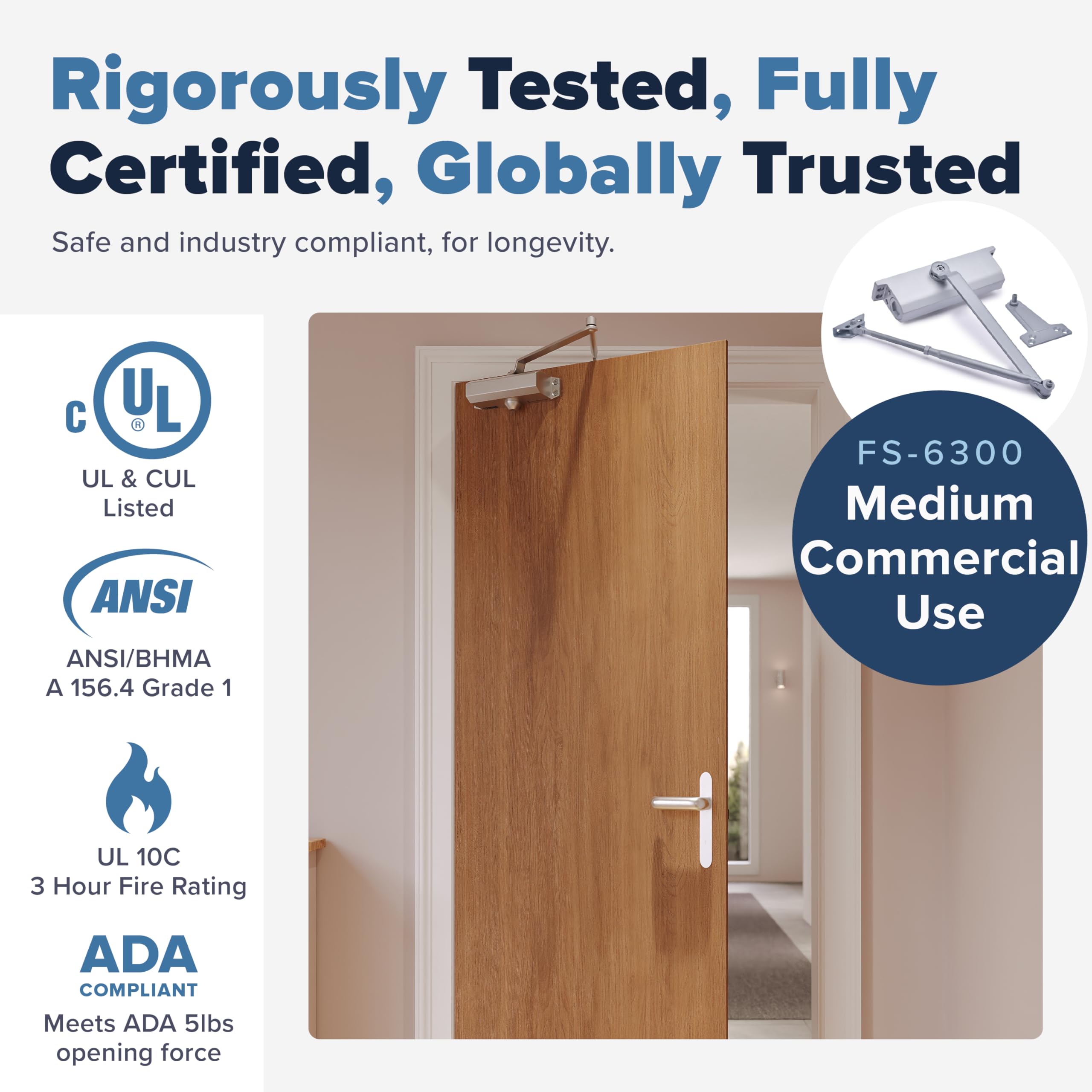 Door Closer Lightweight Commercial Door Closer FS-6300, Size 4, w/Fitting Template - Regular, Top Jamb or Parallel Installation (Silver)