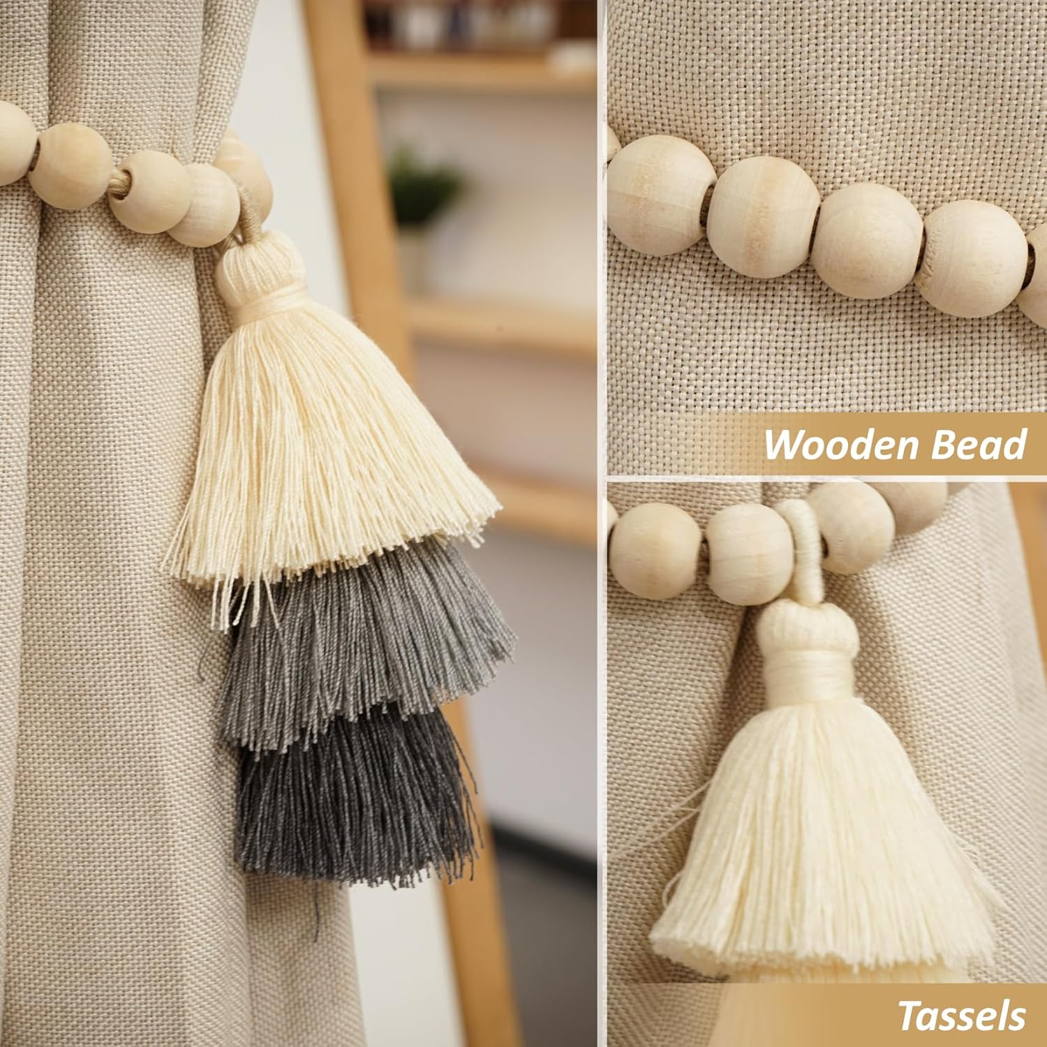 Handcrafted Magnetic Curtain Tiebacks, Boho Rope Drapery Holders with Tassels and Wood Beads, Tool-Free, Damage-Free, Stylish Curtain Accessories for Home,Set of 4,Beige Grey Charcoal