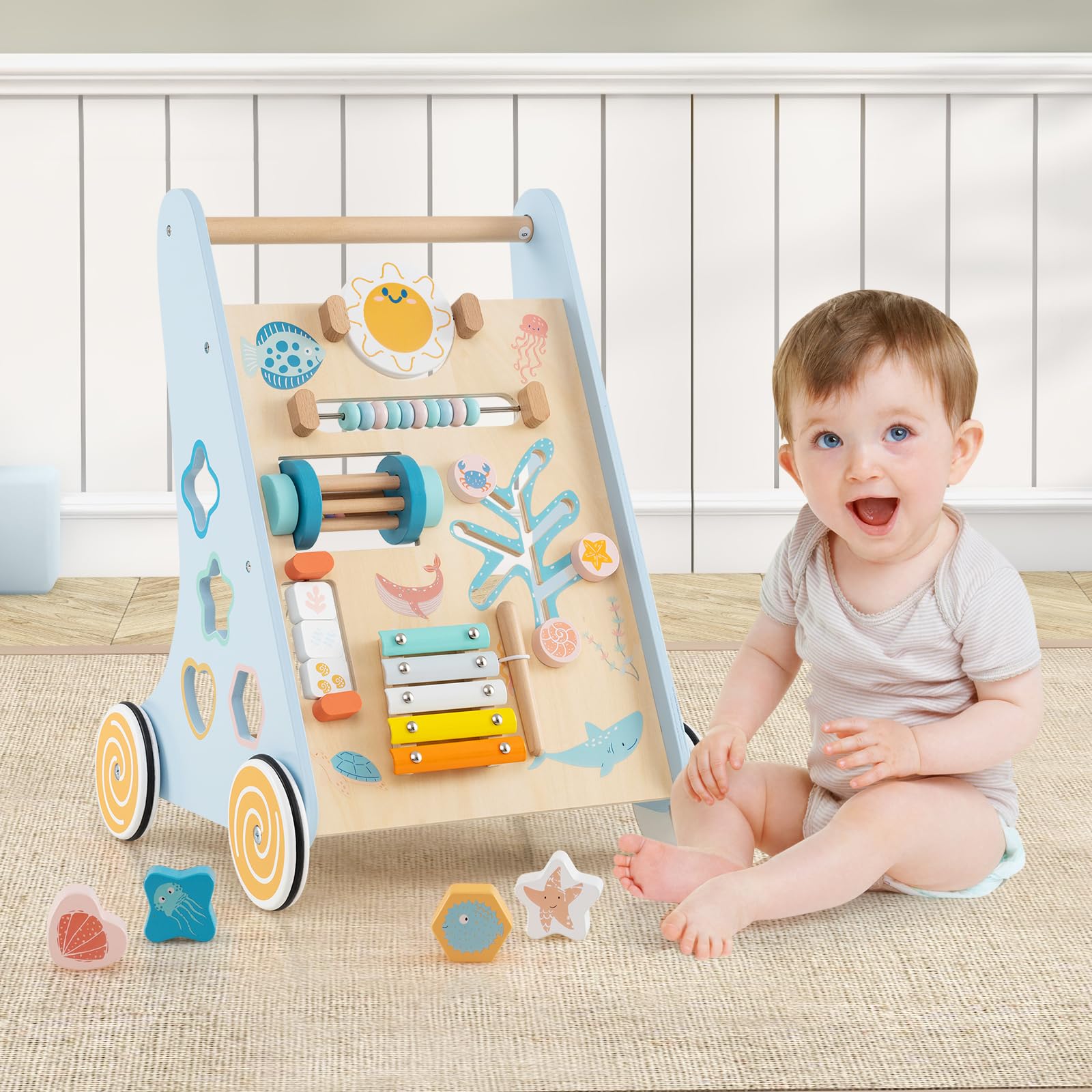 COSTWAY Andador Bebés de Madera 8 en 1, Carrito Correpasillos con juguetes y actividades, Caminador para Bebé Montessori con Ruedas, Tacata Bebe con Accesorios