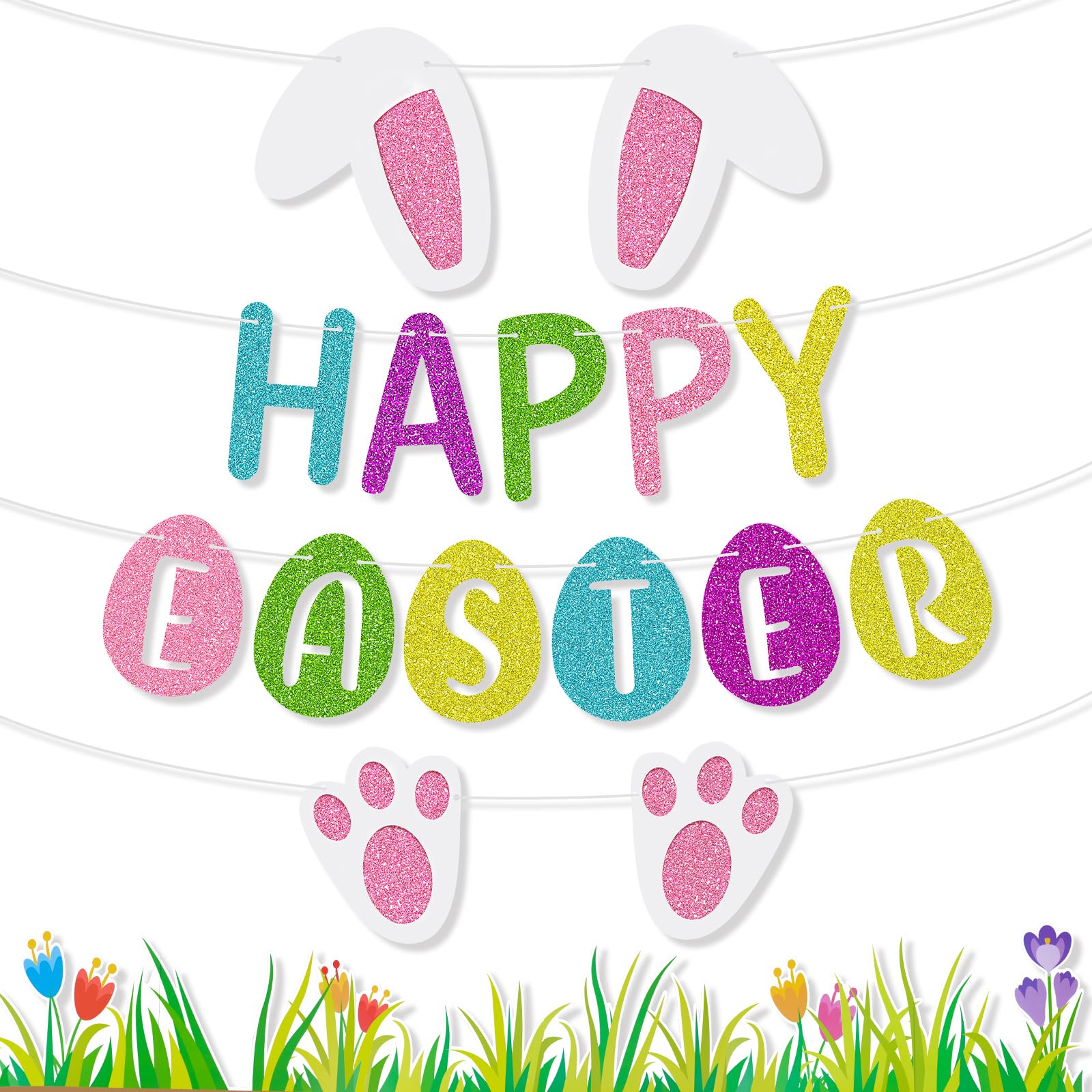 Konsait Glitter Happy Easter Banner Easter Decorations with Colorful Eggs and Bunny Paw Ears DIY Paper for Easter Party Decorations Indoor Outdoor and Spring Party Decorations