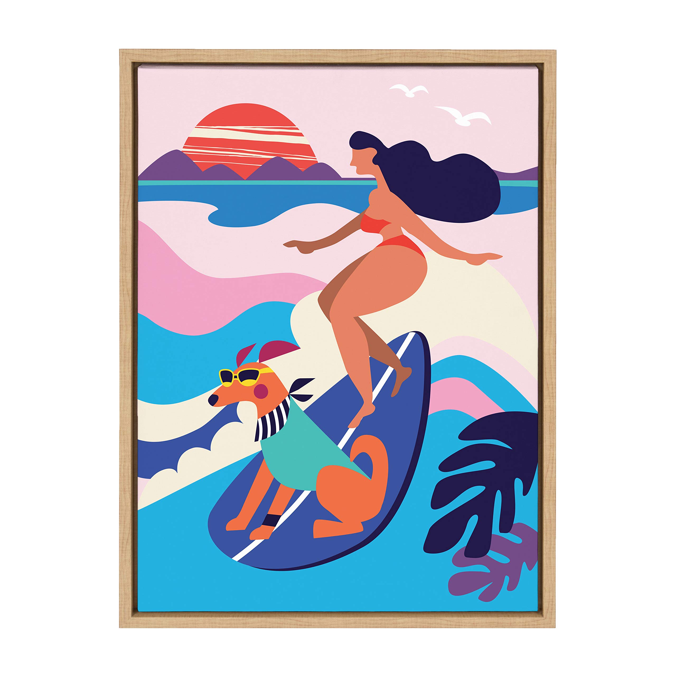 Kate and Laurel Sylvie Mid Century Modern Surf Dog Framed Canvas Wall Art by Rachel Lee of My Dream Wall, 18x24 Natural, Tropical Art for Wall