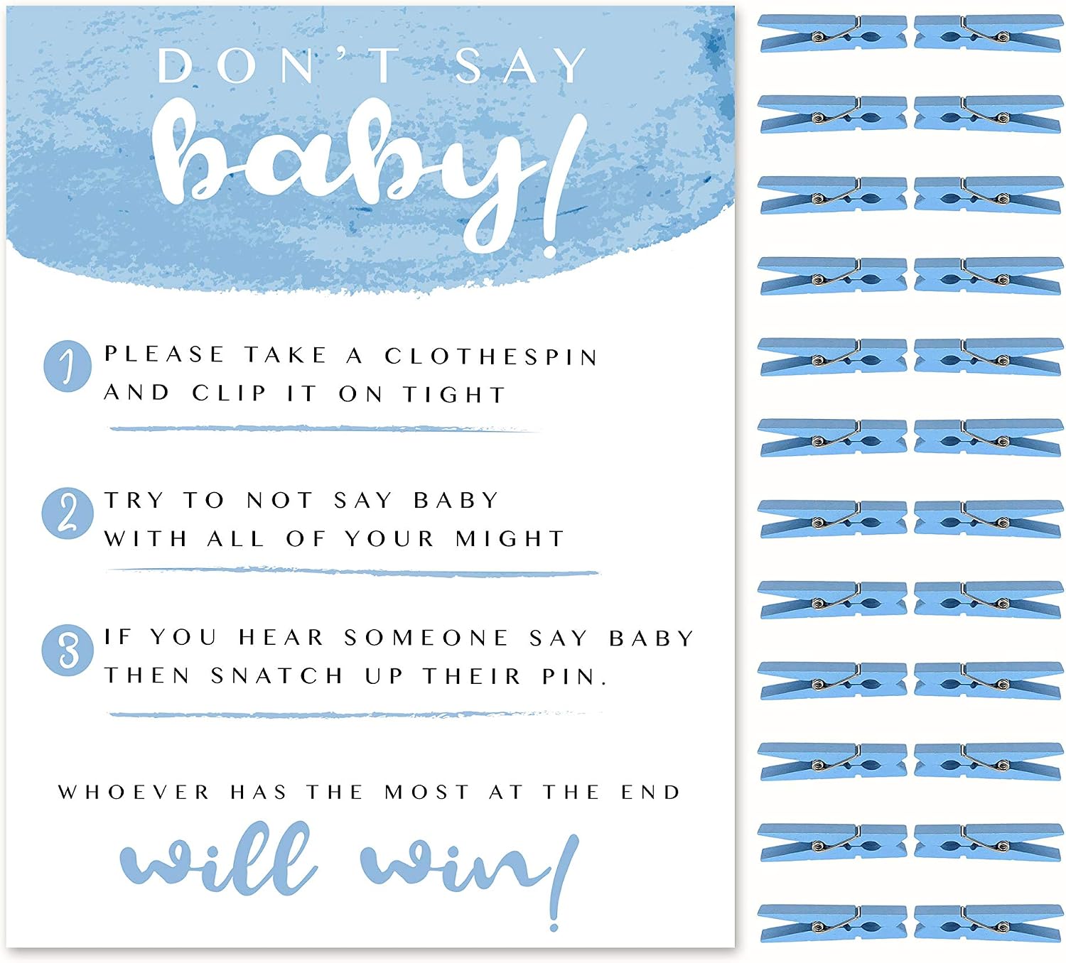 Shower Games & Co. Don't Say Baby Game for Boy with Natural Wooden Clothespins for Baby Shower Pins Game and Cute 5 x 7 Sign - 30 People (Blue) image 3
