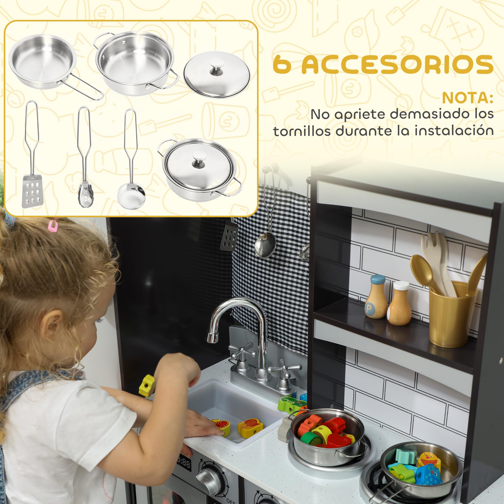 AIYAPLAY Cocina de Juguete de Madera con Sonido 81x27x79,7 cm Marrón Oscuro | Cocinita Infantil, Accesorios de Acero Inoxidable, Nevera, Microondas, Fregadero