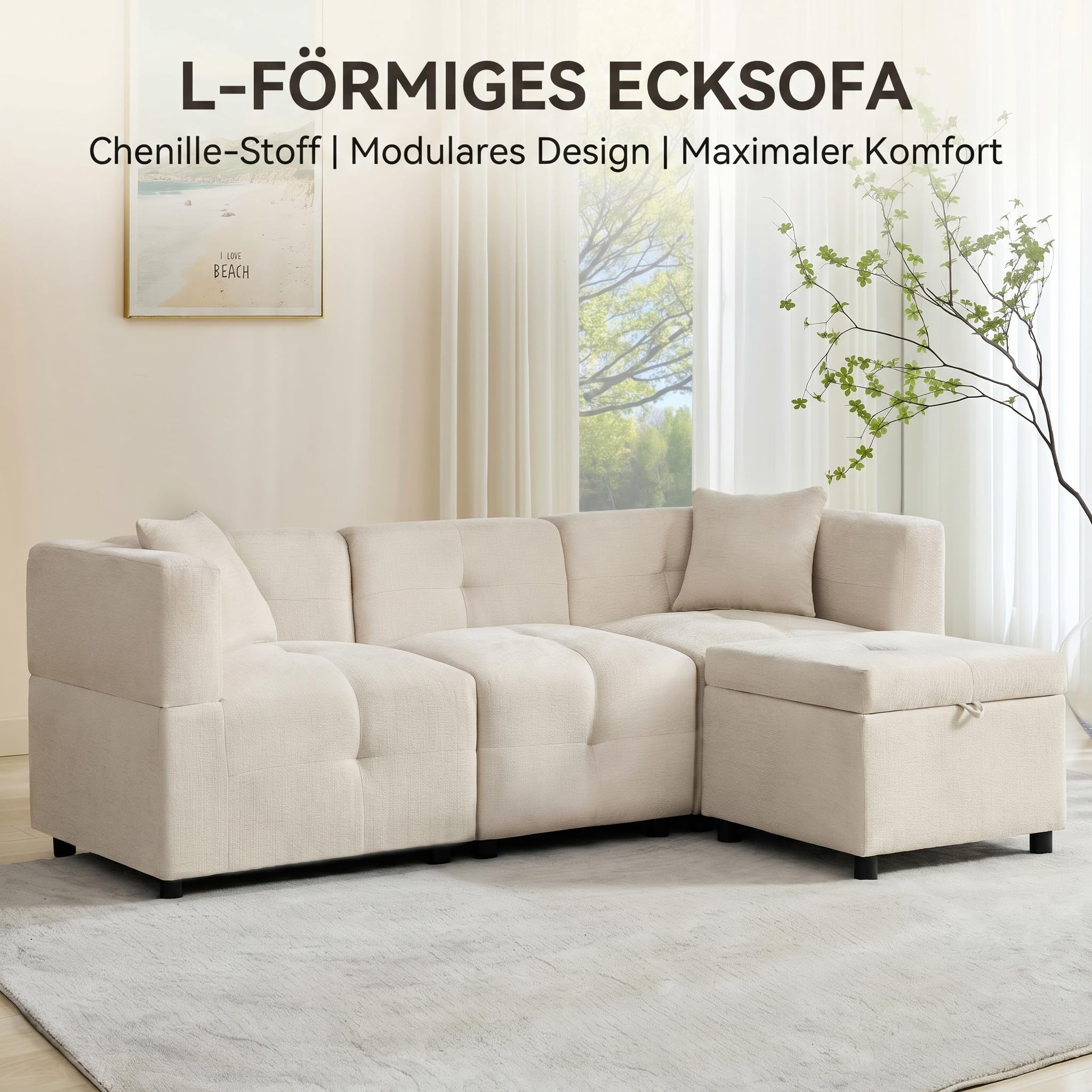 3 Sitzer Ecksofa, Chenille Stoff L-förmiges Sofa mit Stauraum Fußhocker und 2 Kissen, für Wohnzimmer, Büro, Beige